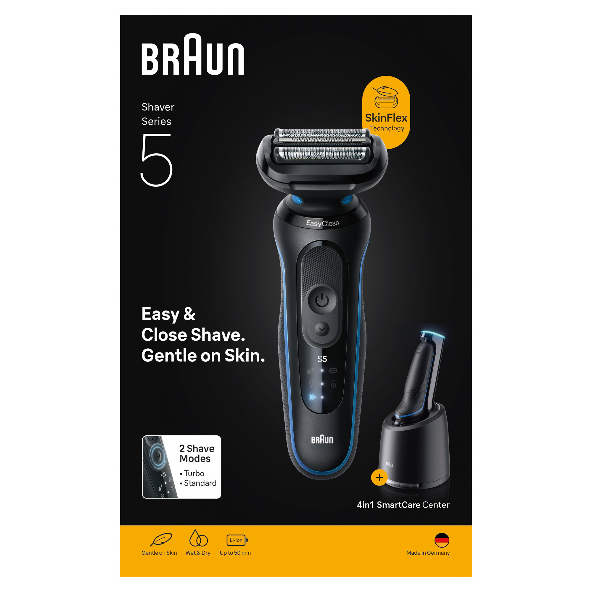 Braun Series 5 elektromos borotva töltőállvánnyal. Fekete és kék, SkinFlex technológiával és EasyClean funkcióval.