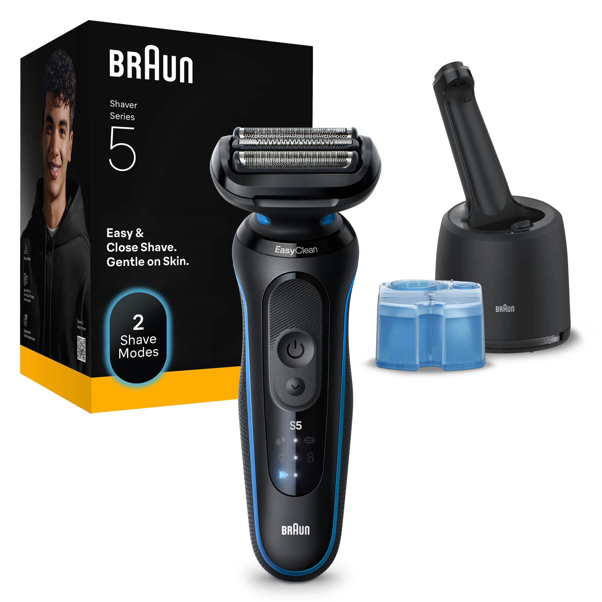 Egy Braun Series 5 elektromos borotva, töltőállvány és tisztítóegység fehér háttérrel.