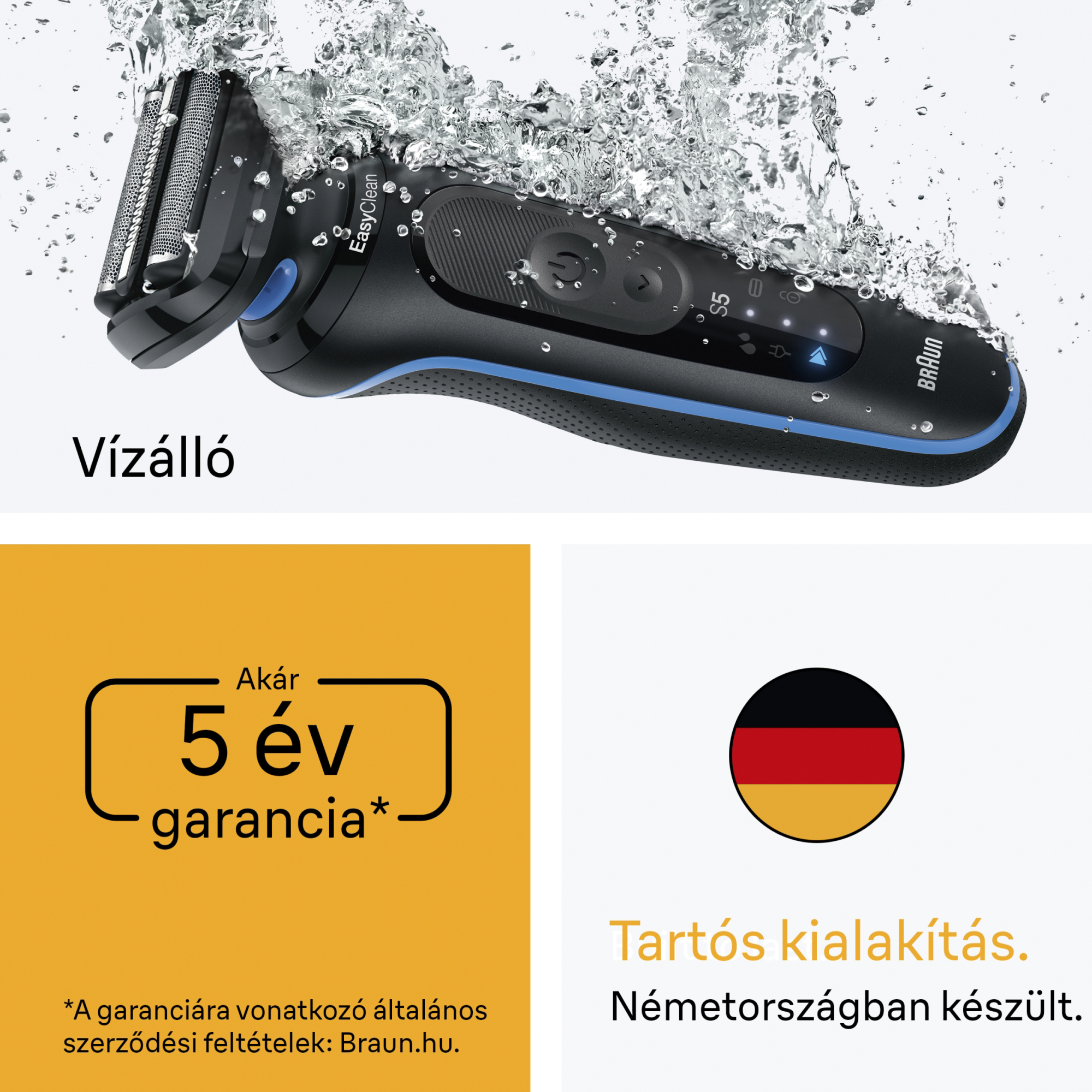 Fekete Braun borotva vízben. Jellemzők: EasyClean, S5, 5 év garancia. Németországban készült.