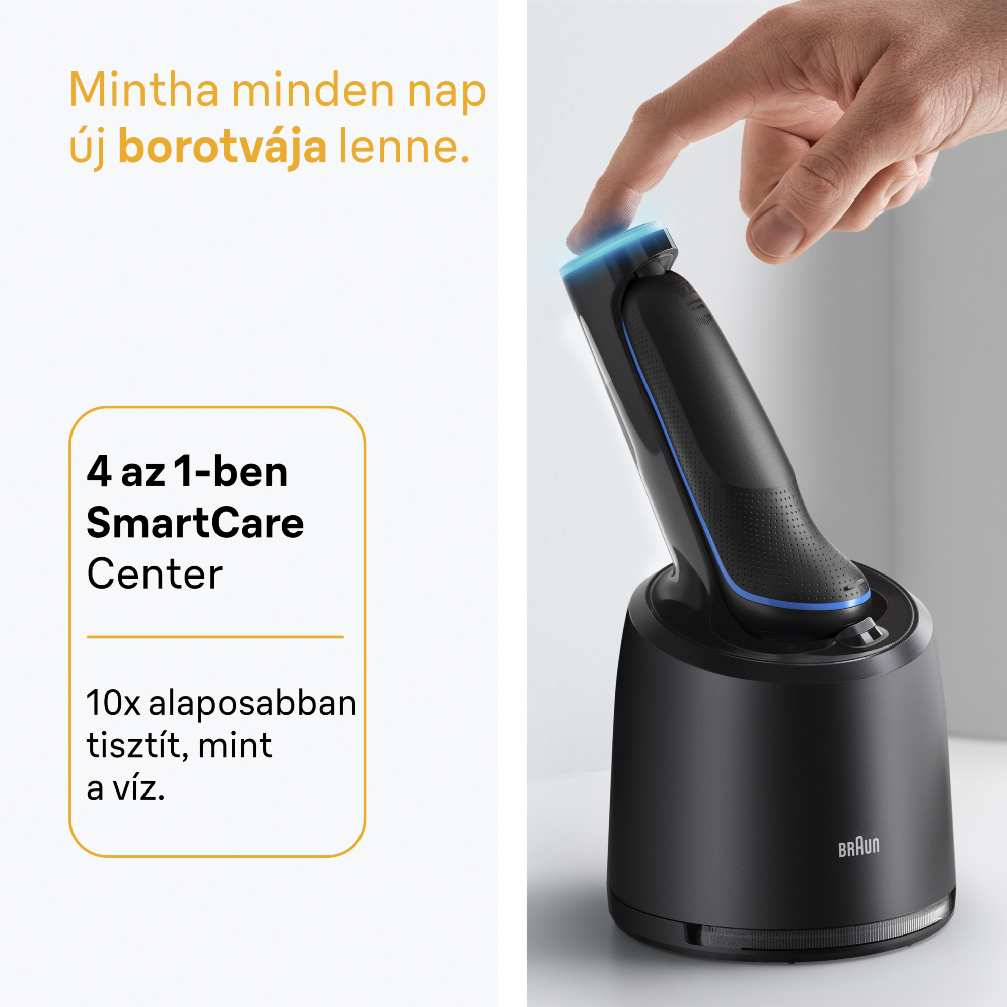 Fekete Braun borotva töltőállomáson. Egy kéz megérinti a borotvát. Szöveg: SmartCare Center.