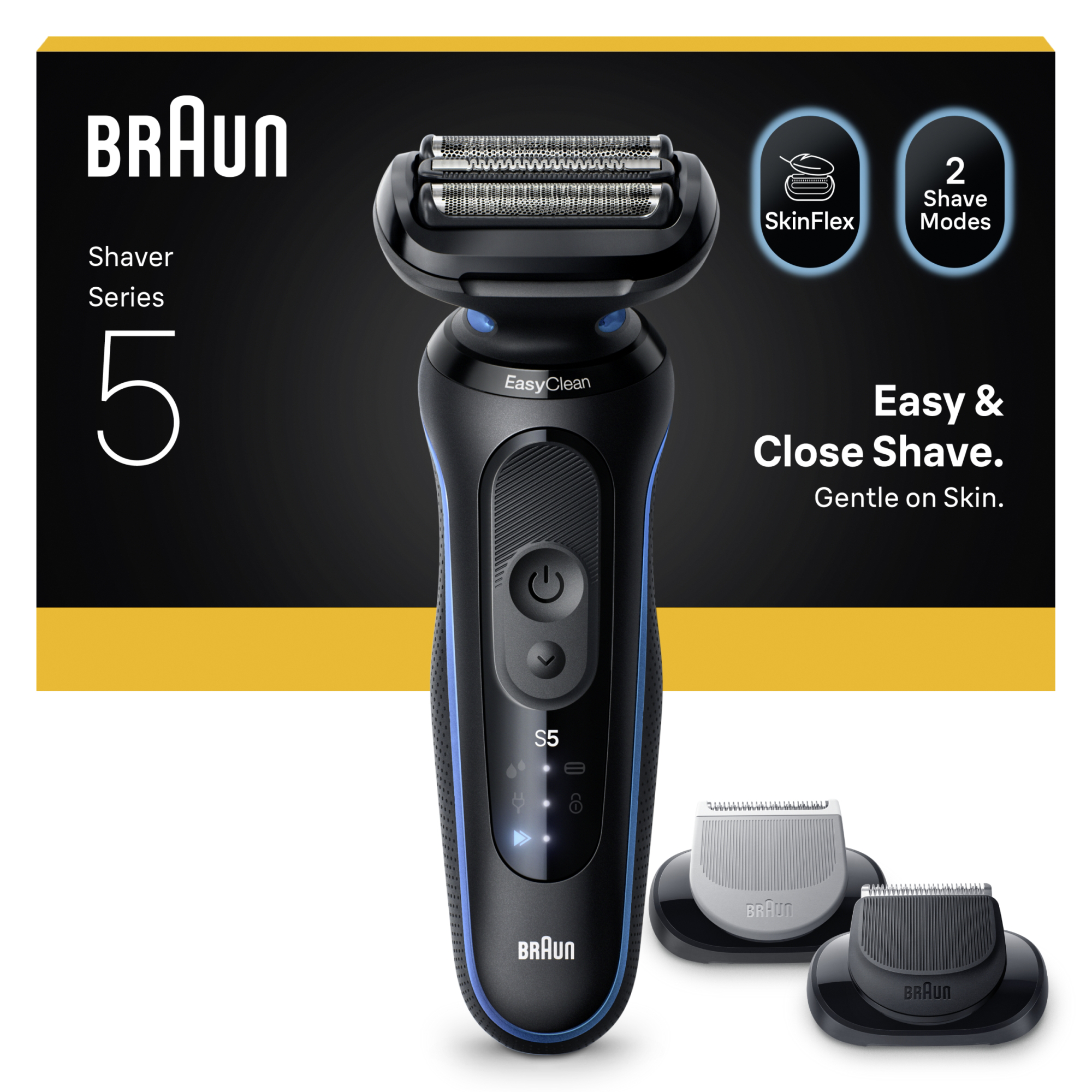 Egy Braun Series 5 elektromos borotva. Fekete és kék, két cserélhető fejjel. Jellemzők: SkinFlex és 2 borotválkozási mód.