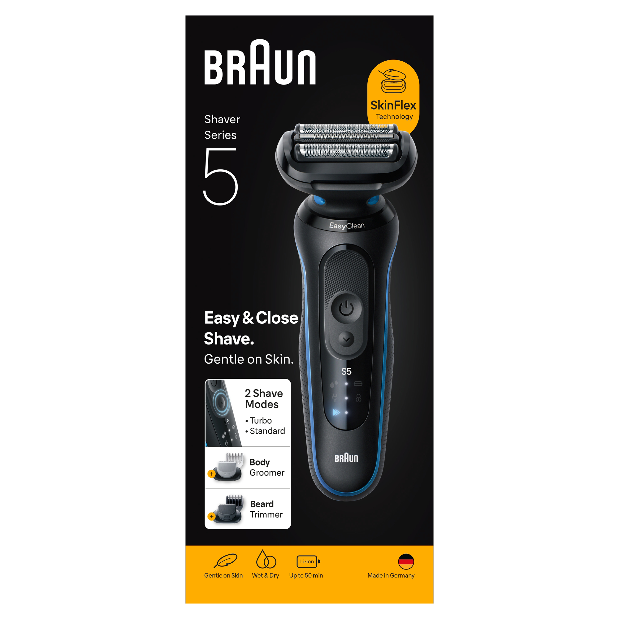 A kép egy Braun Series 5 elektromos borotvát mutat, fekete és kék színben, jellemzőkkel és specifikáci ókkal.