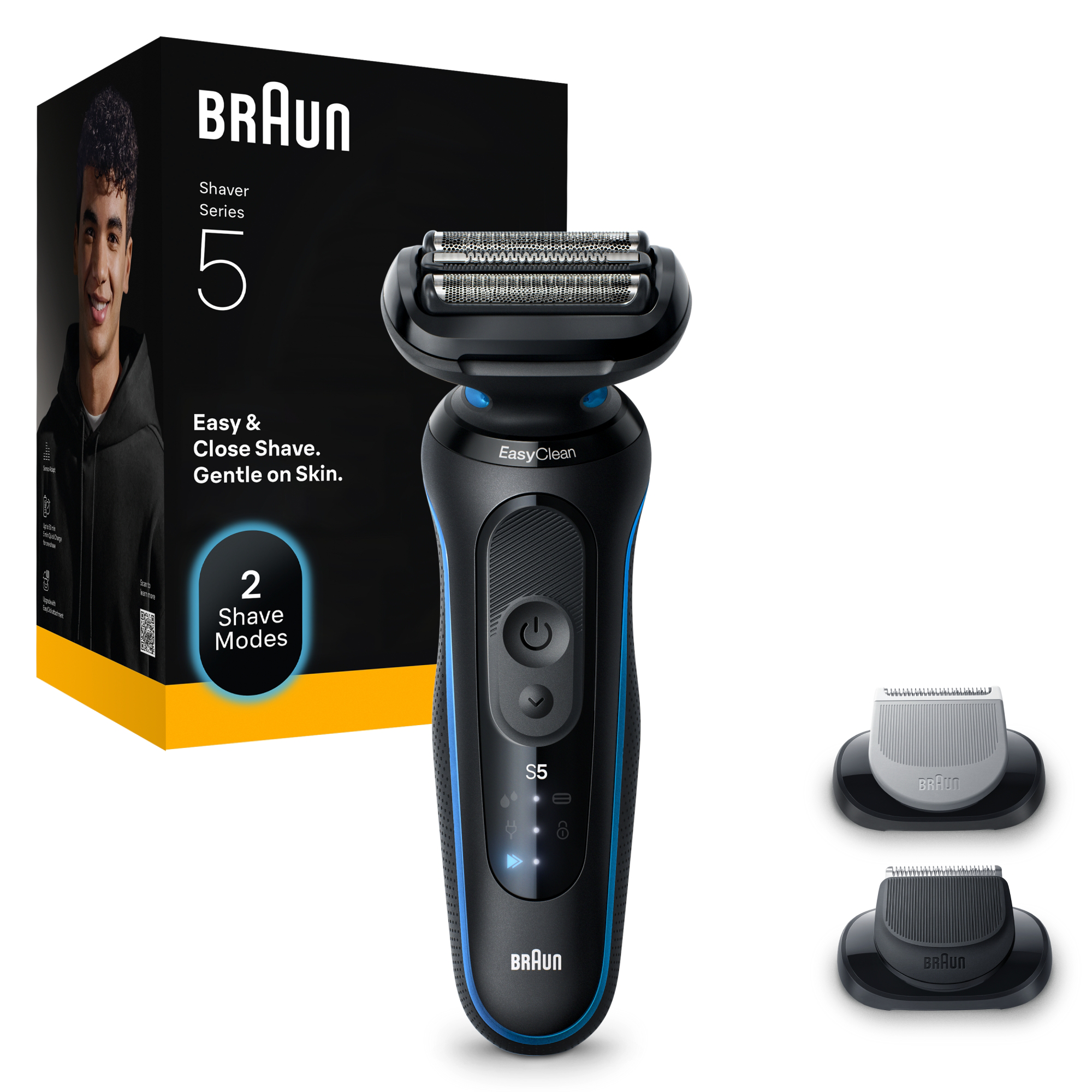 Egy Braun Series 5 elektromos borotva dobozzal és két cserélhető fejjel. A borotva fekete és kék.