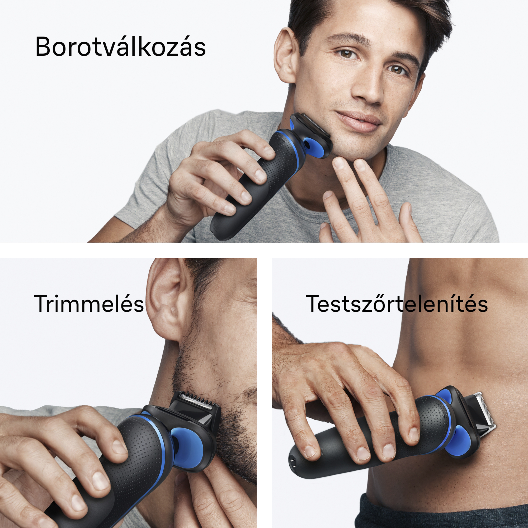 A képen borotválkozás, trimmelés és szőrtelenítés látható fekete-kék elektromos borotvával, fehér háttér előtt.