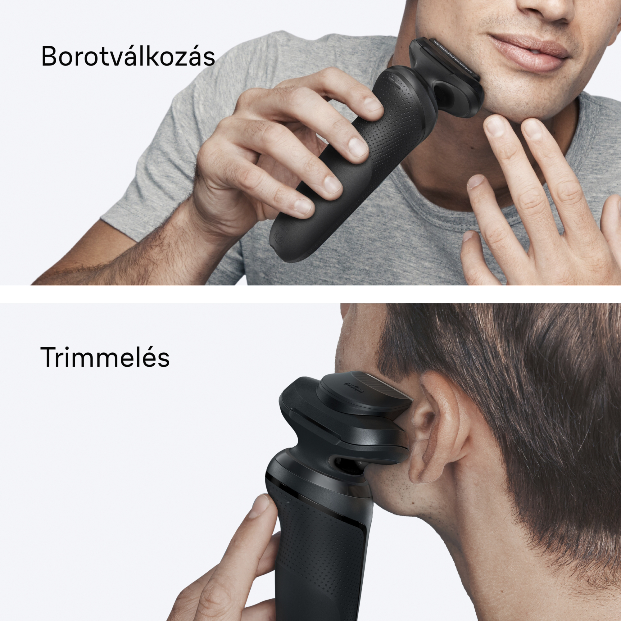 Egy férfi fekete elektromos borotvával borotválkozik. A kép a borotválkozási és trimmelési folyamatot mutatja.