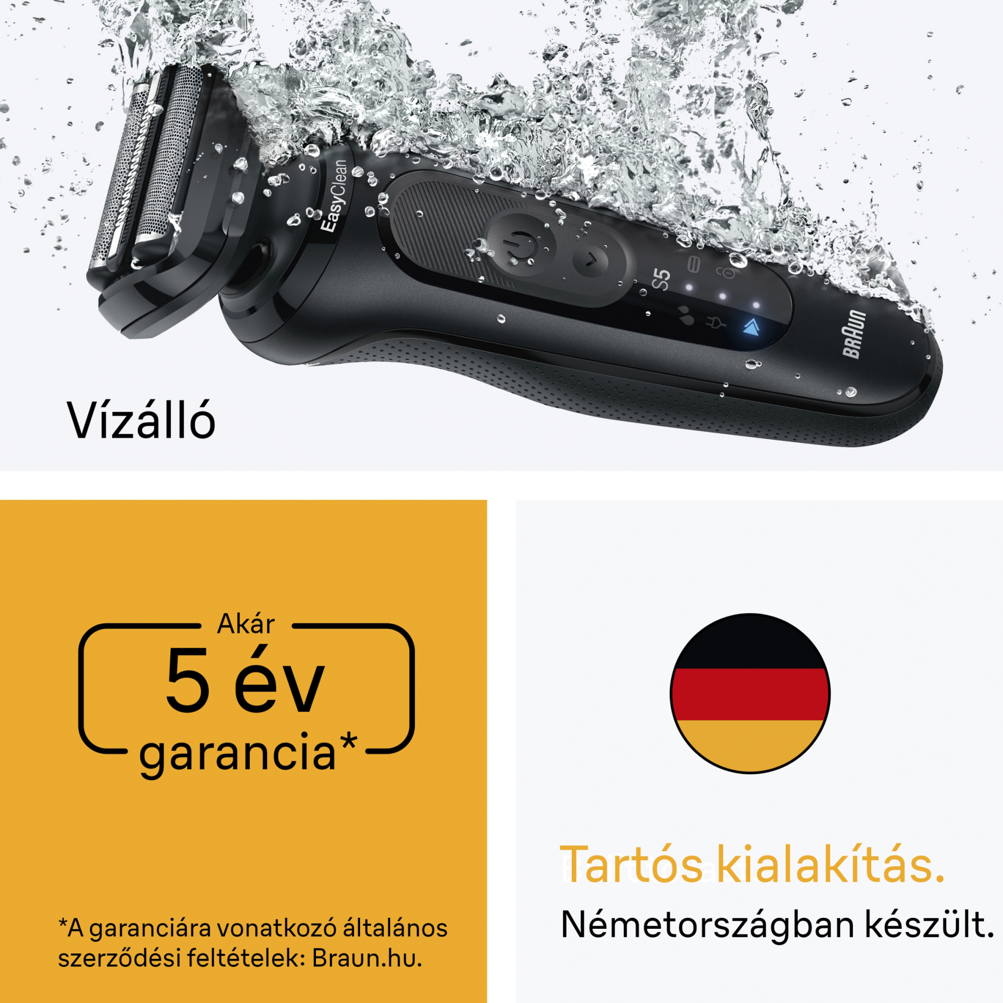 Fekete Braun elektromos borotva vízben. 5 év garanciát tartalmaz. Németországban készült. Sárga és fehér háttér.