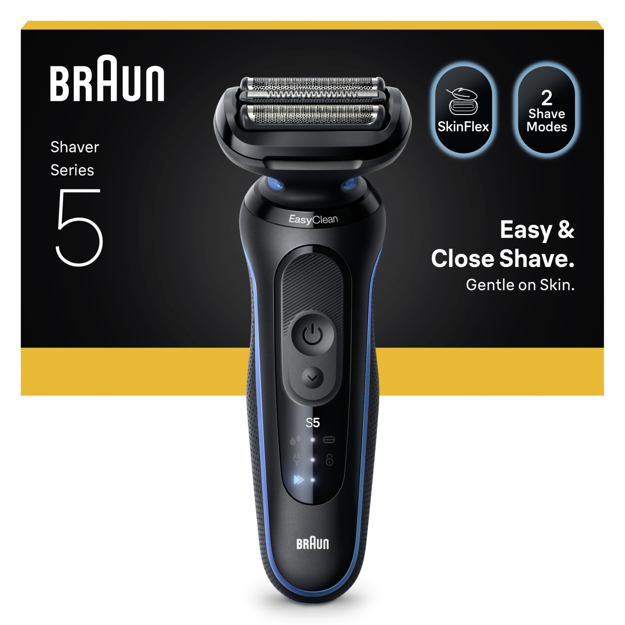 Egy Braun Series 5 elektromos borotva. Fekete és kék, fehér szöveggel és ikonokkal. A háttér fekete és sárga.
