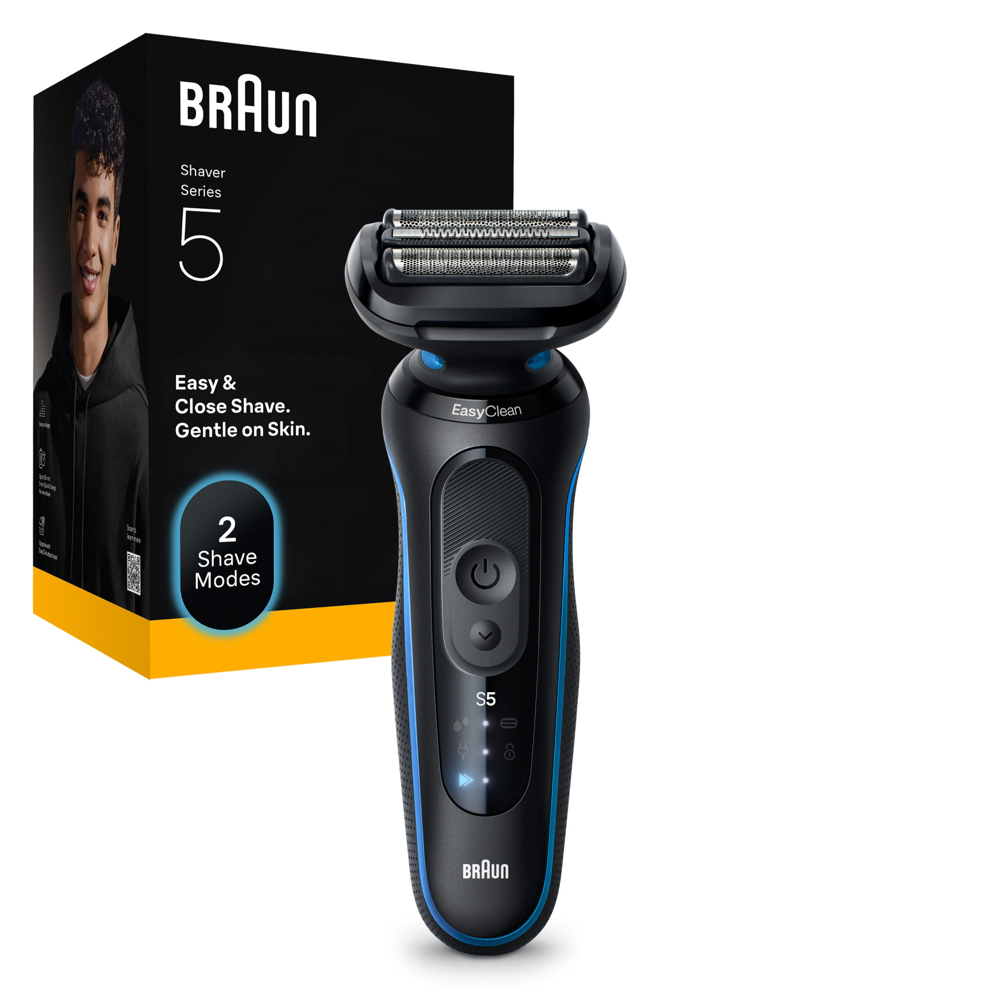 Egy Braun Series 5 elektromos borotva a dobozával. A dobozon egy férfi képe és szöveg látható. A borotva fekete és kék.