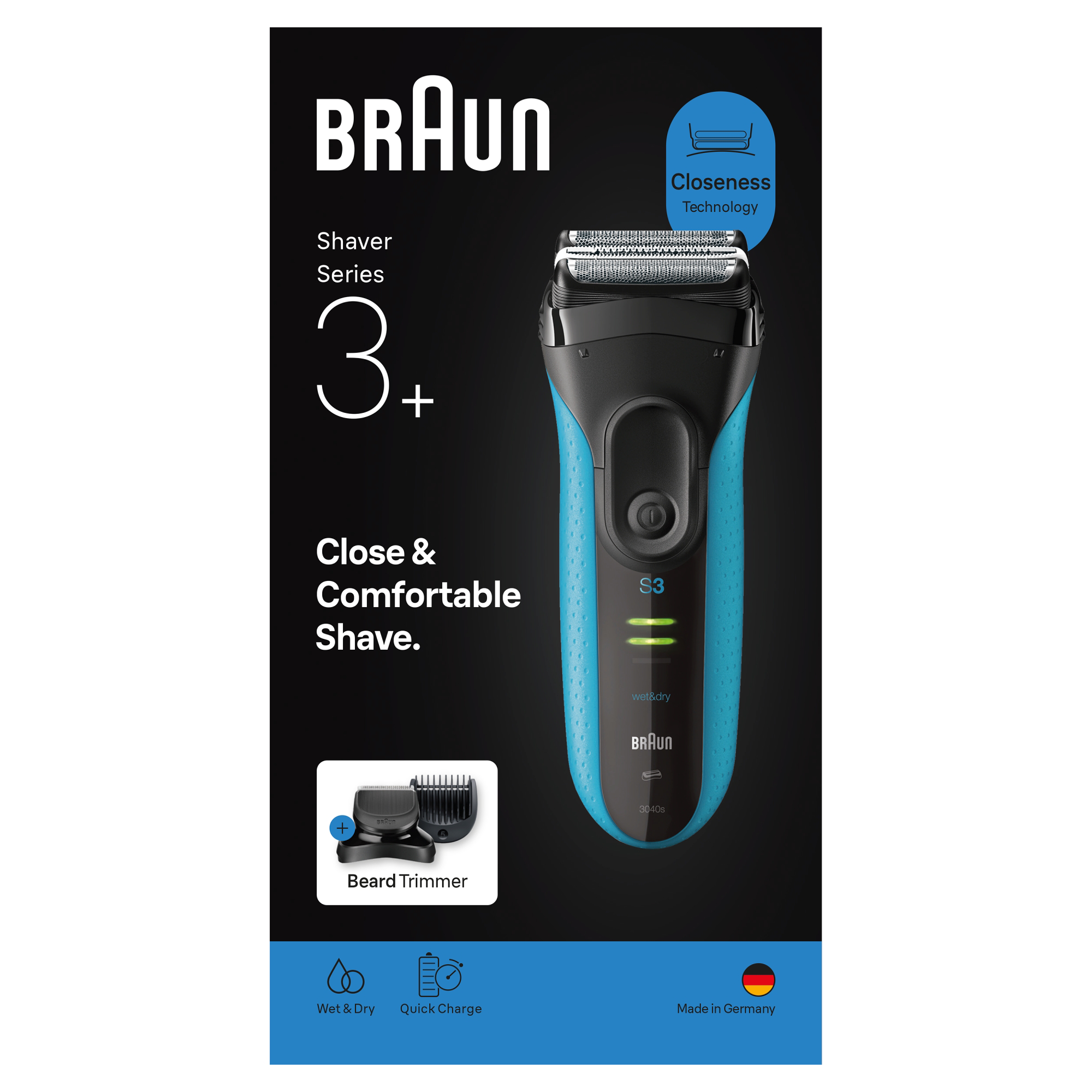 A képen egy Braun Series 3 borotva látható. Fekete és kék színű, a közelség technológiáját és a nedves/száraz használatot jelző felirattal.