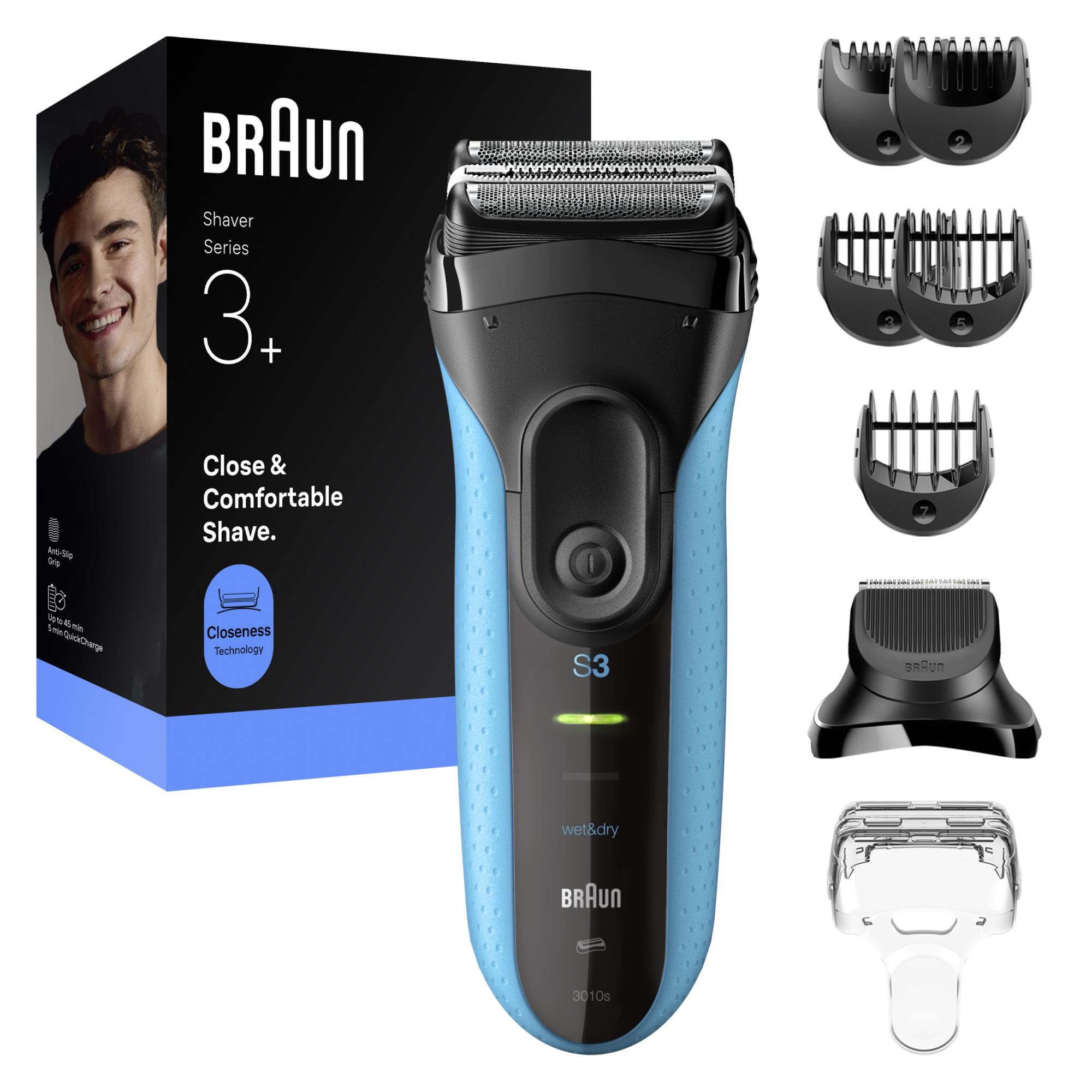 Egy Braun Series 3+ elektromos borotva tartozékokkal látható. A borotva kék és fekete, dobozzal és tartozékokkal.