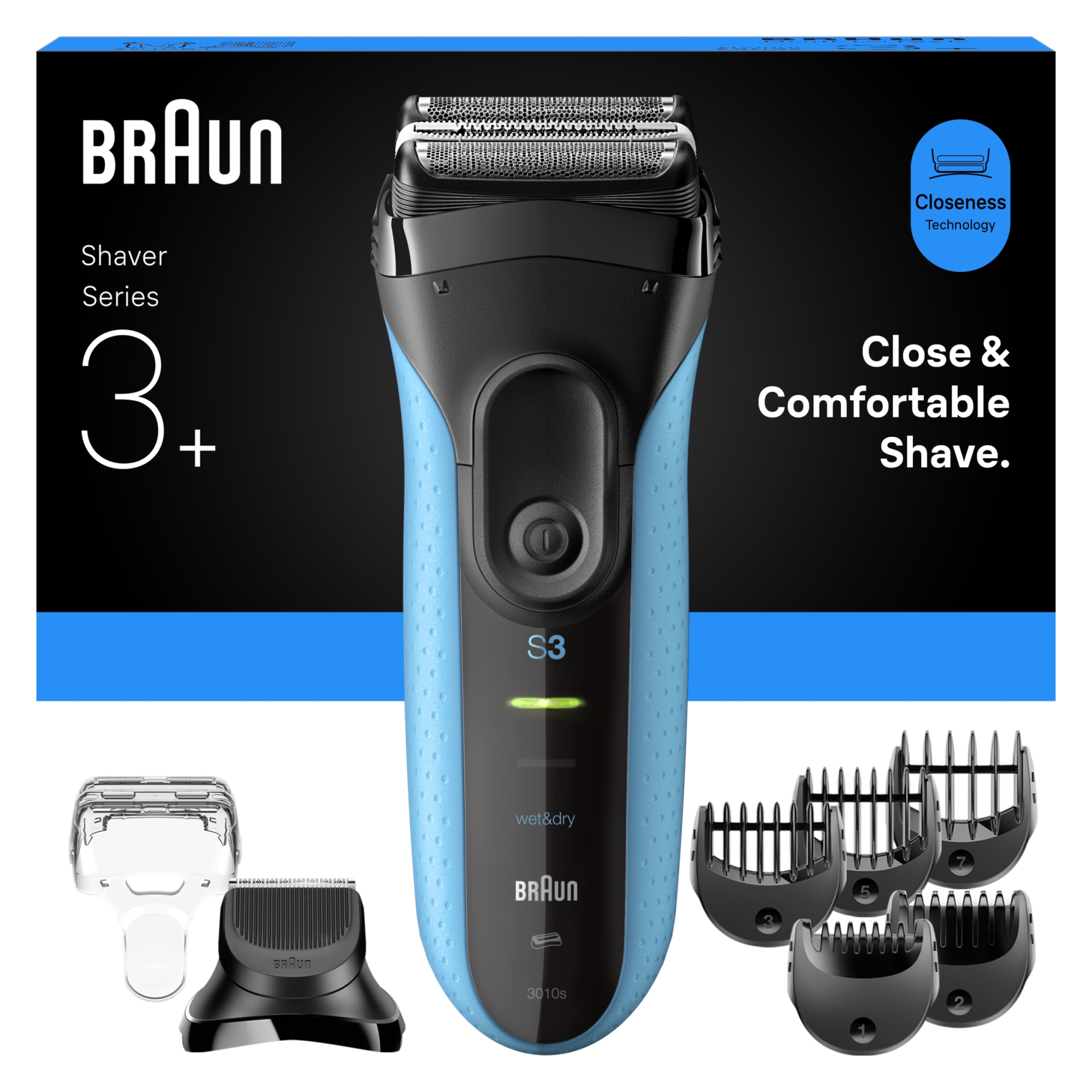 Egy Braun Series 3+ elektromos borotva látható, a borotvával, kiegészítő fejekkel és a 'Close & Comfortable Shave' felirattal.