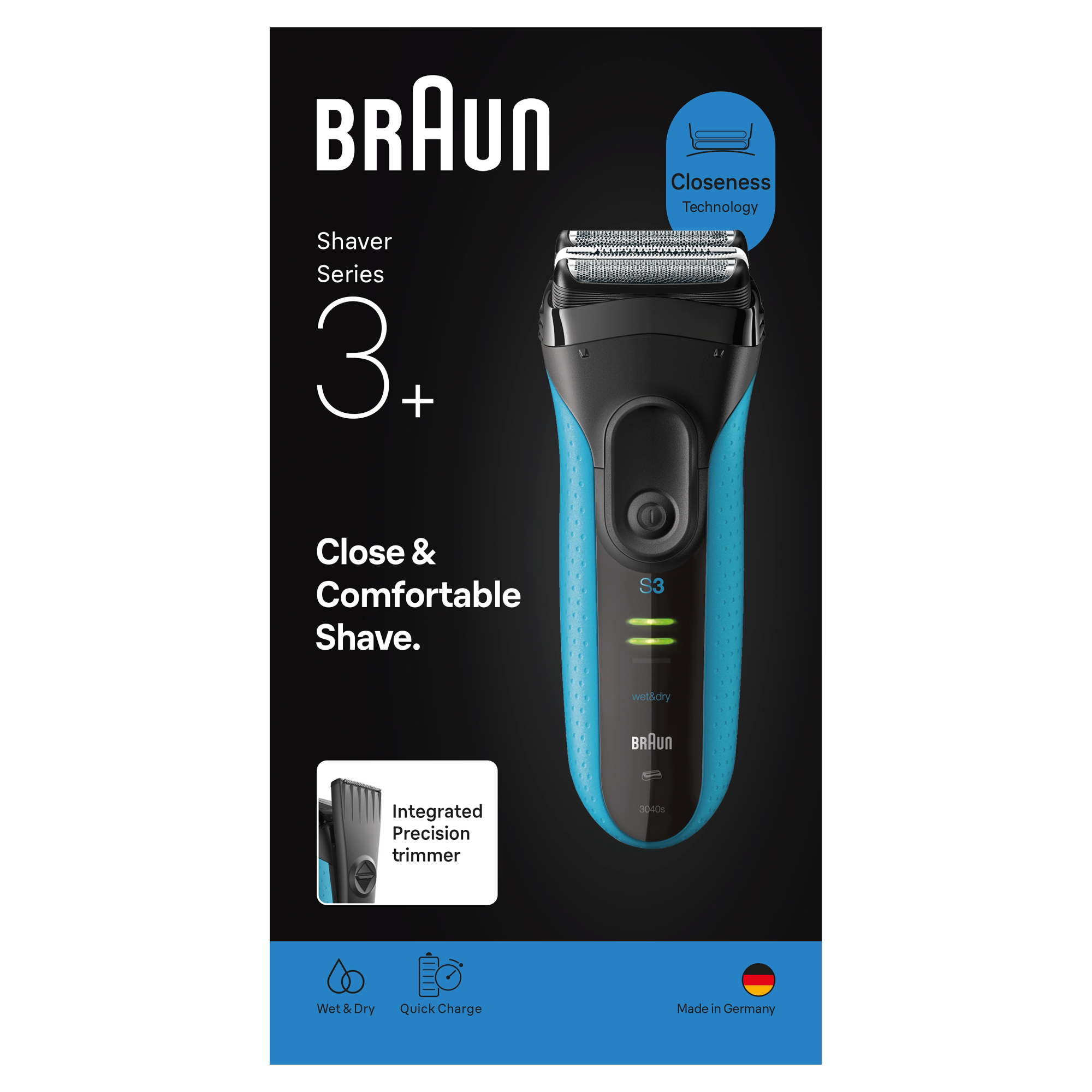 Braun S3 elektromos borotva, kék és fekete elemekkel. A csomagolás kiemeli a funkciókat és a márka logóját.