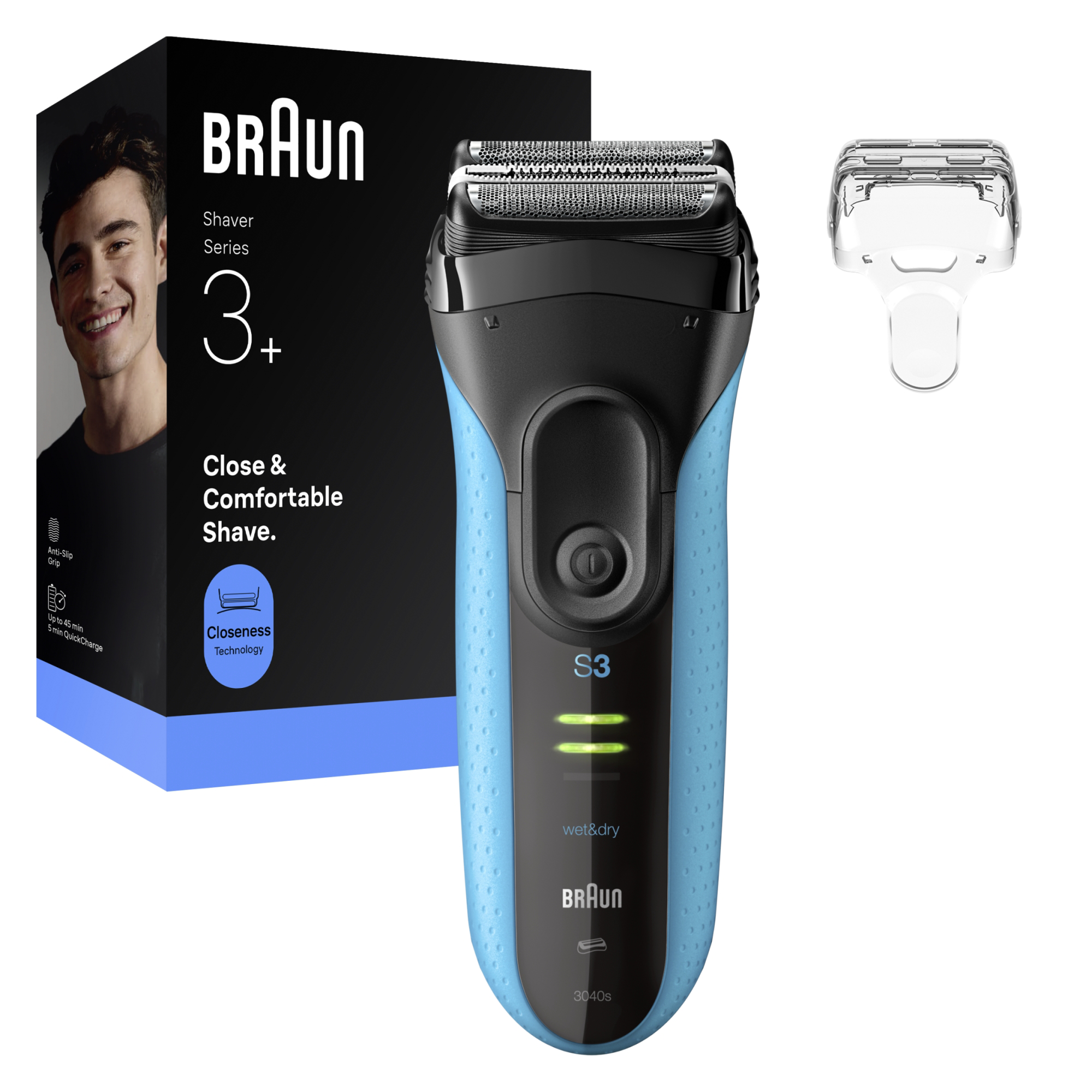 Egy Braun Series 3+ elektromos borotva kék-fekete testtel, védősapkával és termékdobozzal fehér háttéren.