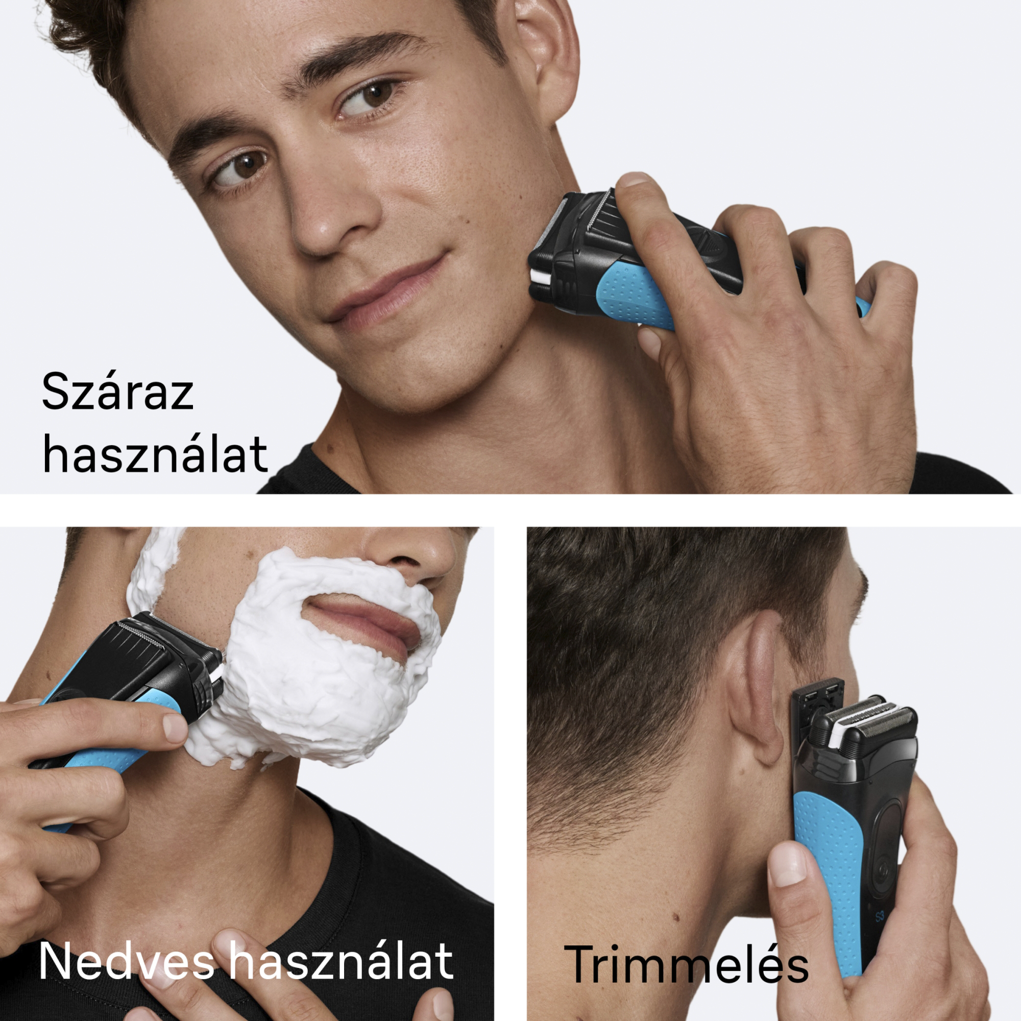 Egy férfi elektromos borotvával borotválkozik. A kép száraz borotválkozást, nedves borotválkozást és trimmelést mutat. A borotva fekete és kék.