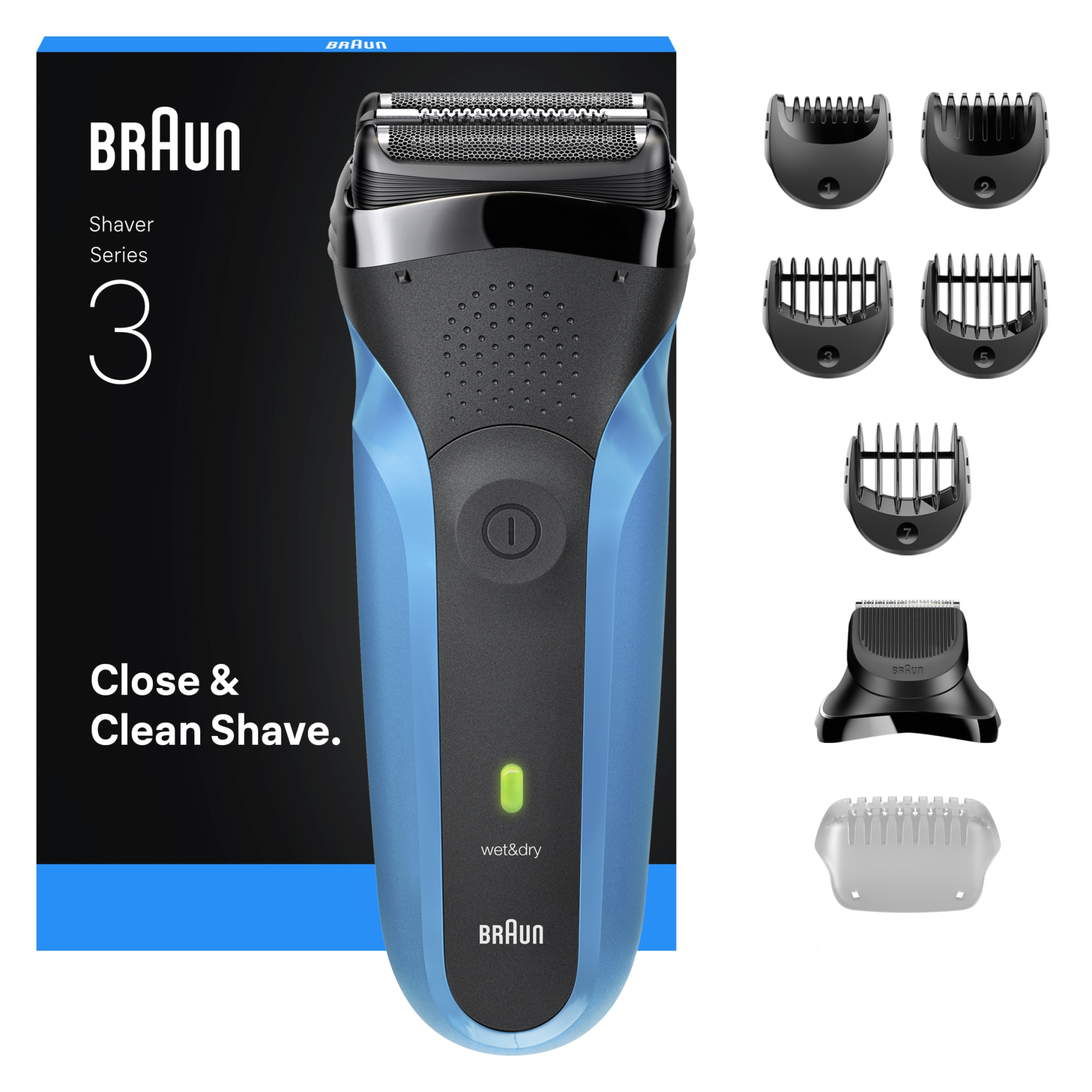 Egy Braun Series 3 elektromos borotva tartozékokkal látható. A borotva kék és fekete, több vágófejjel.