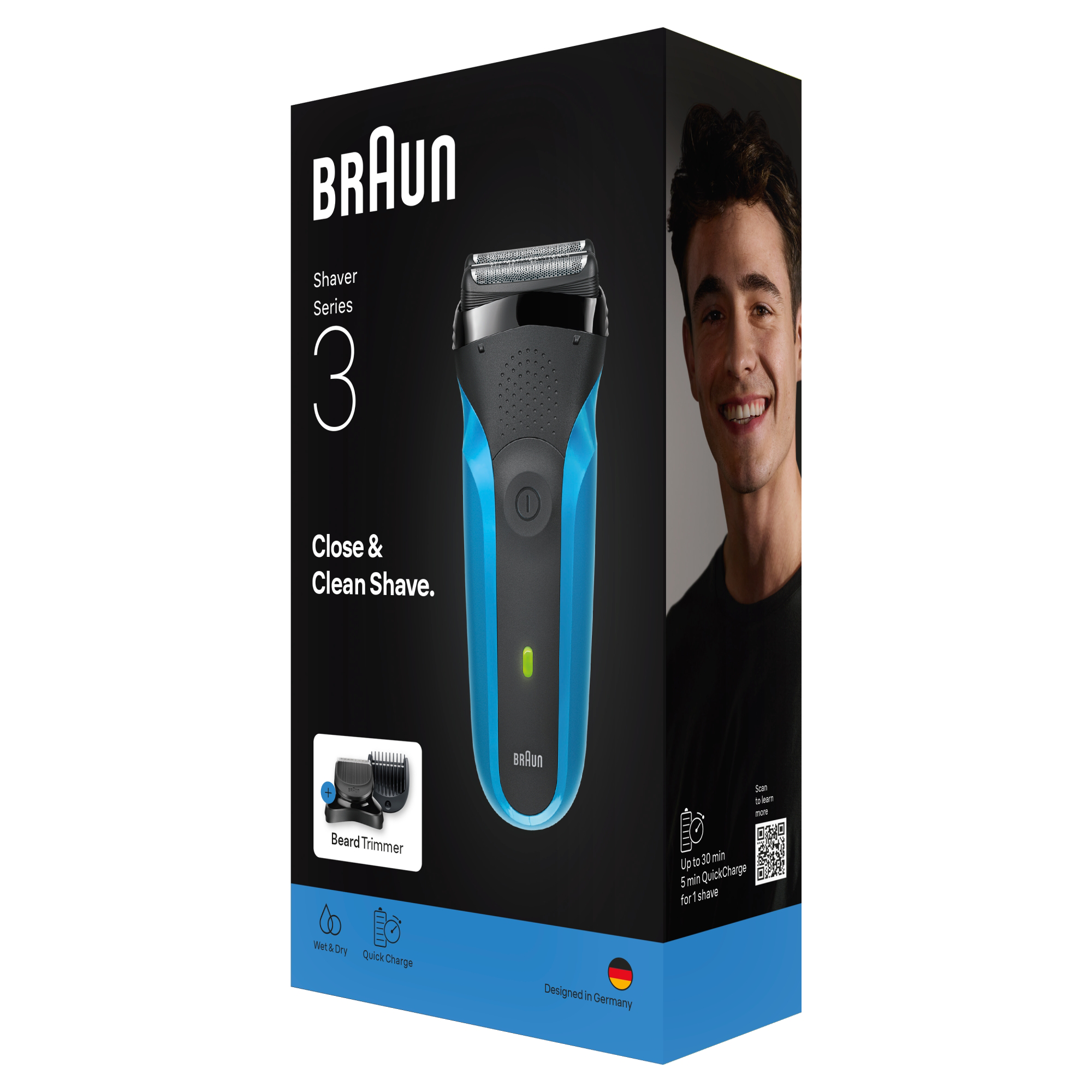 Braun Series 3 borotva doboza. A borotvát, egy mosolygó férfit és a termék részleteit mutatja.