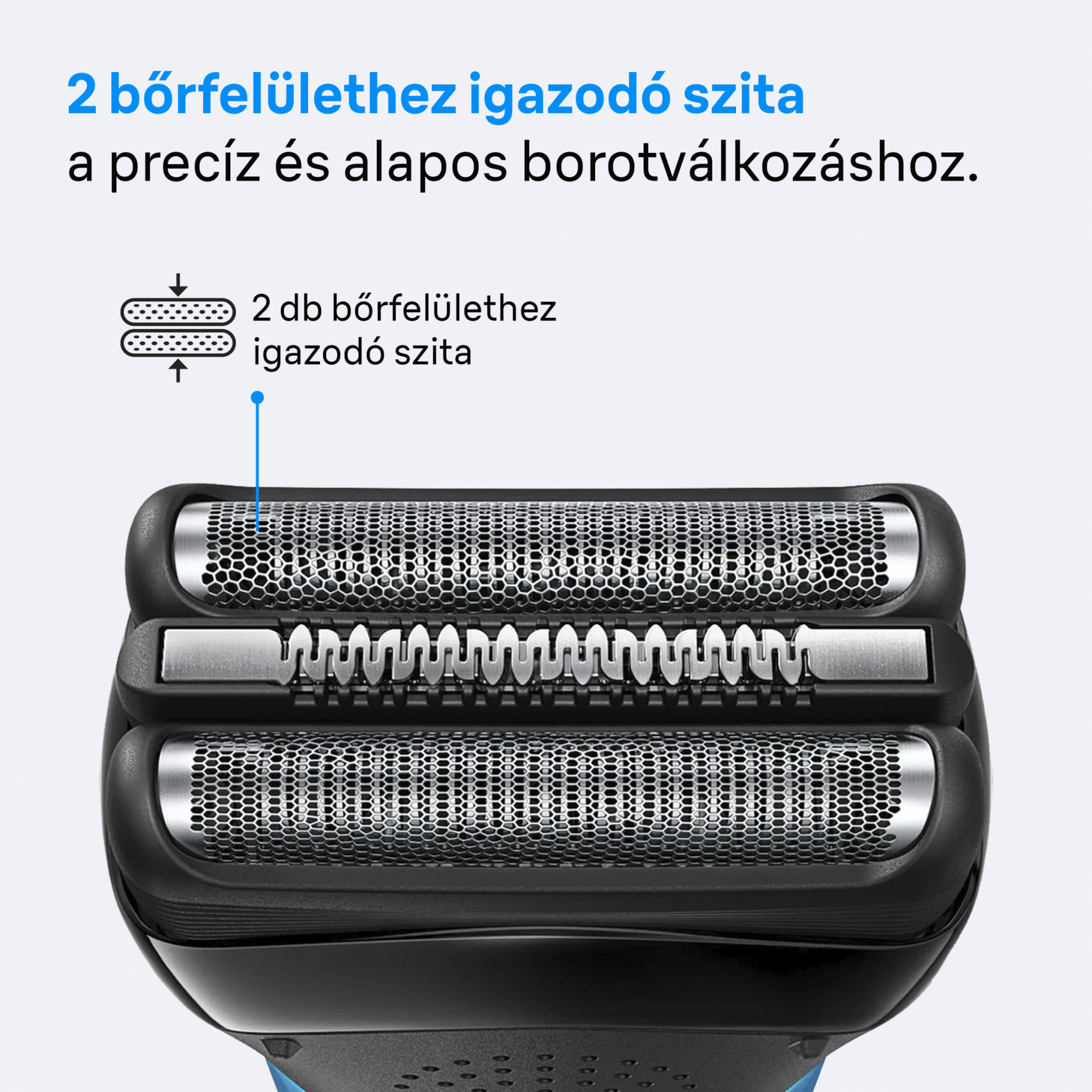 Borotvafej közelképe két hálós fóliával és egy trimmelővel. Fekete-ezüst, magyar nyelvű szöveggel.