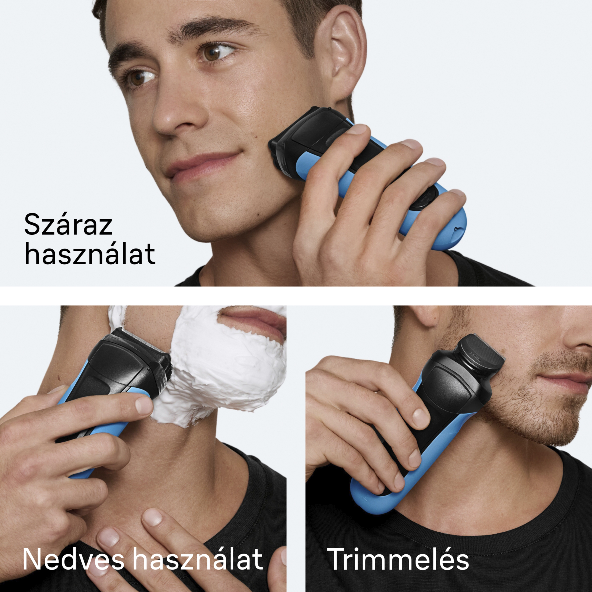 A képen egy férfi látható, amint elektromos borotvával borotválkozik. A kép 3 részre van osztva, mindegyik alatt szöveg található.