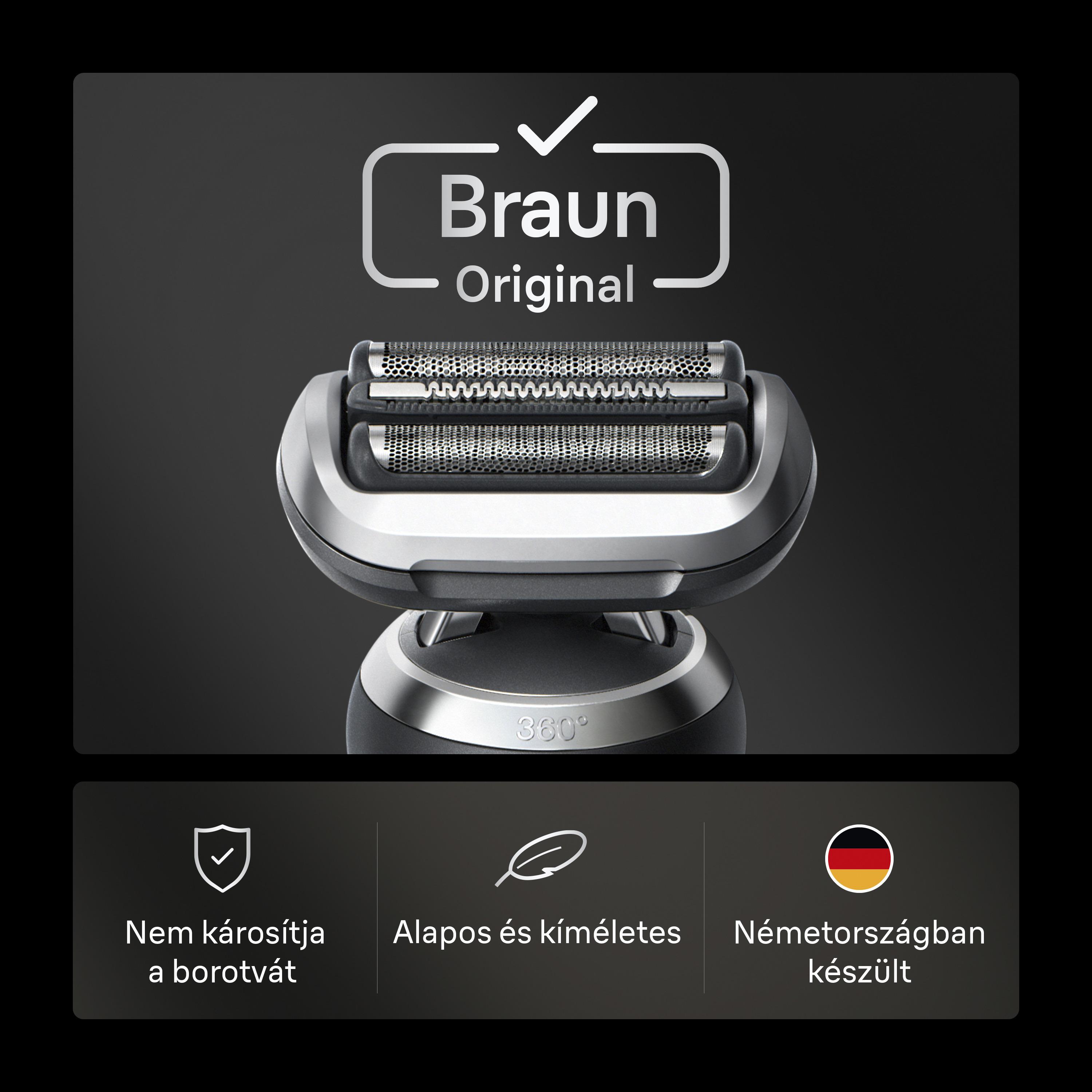 Braun elektromos borotva, márkalogóval és szöveggel. Alatta ikonok magyar felirattal. Németországban készült.