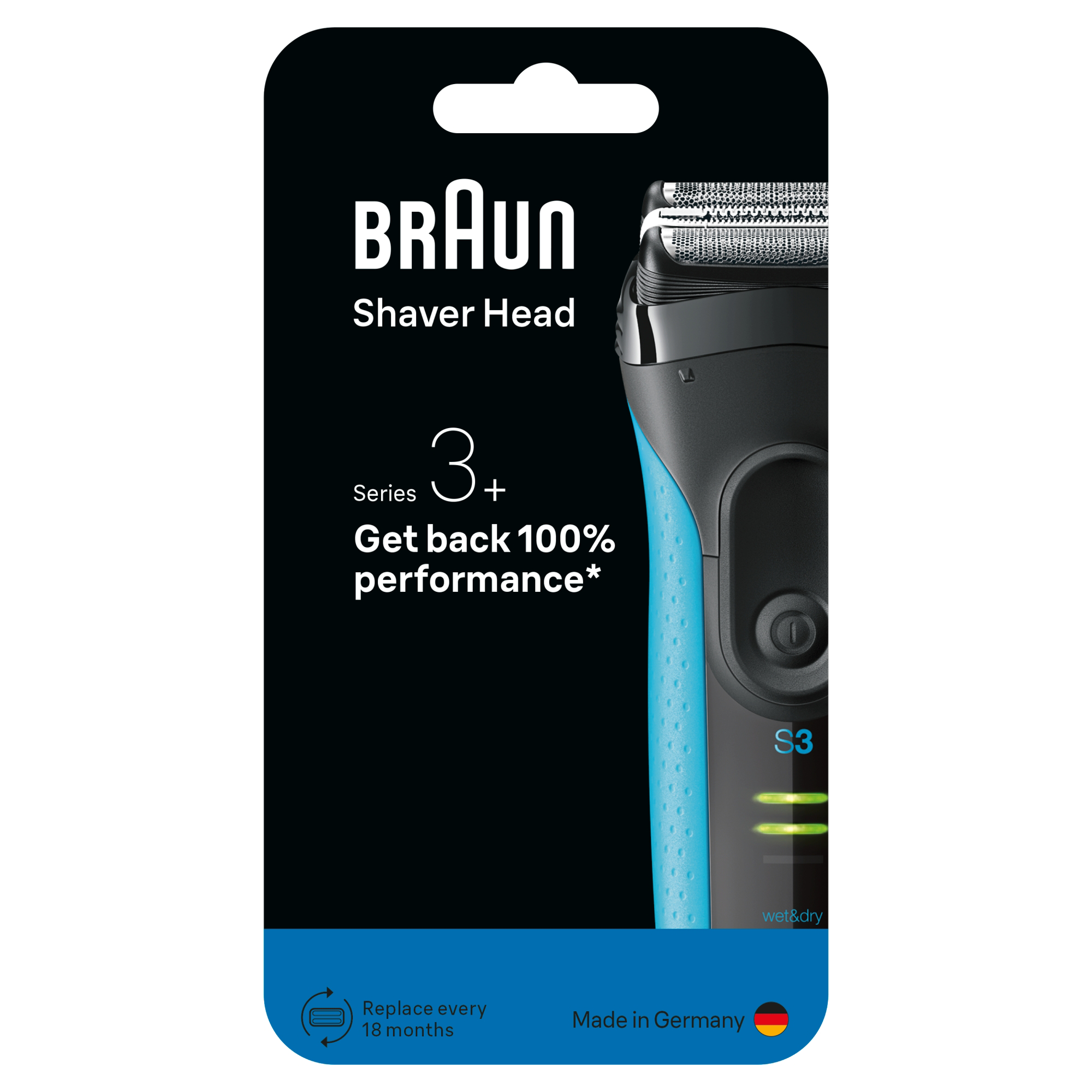 Braun borotvafej csomagolása. Fekete-kék design, a borotva jobbra látható. A szöveg tartalmazza a 'Braun' és 'Series 3+' szöveget.