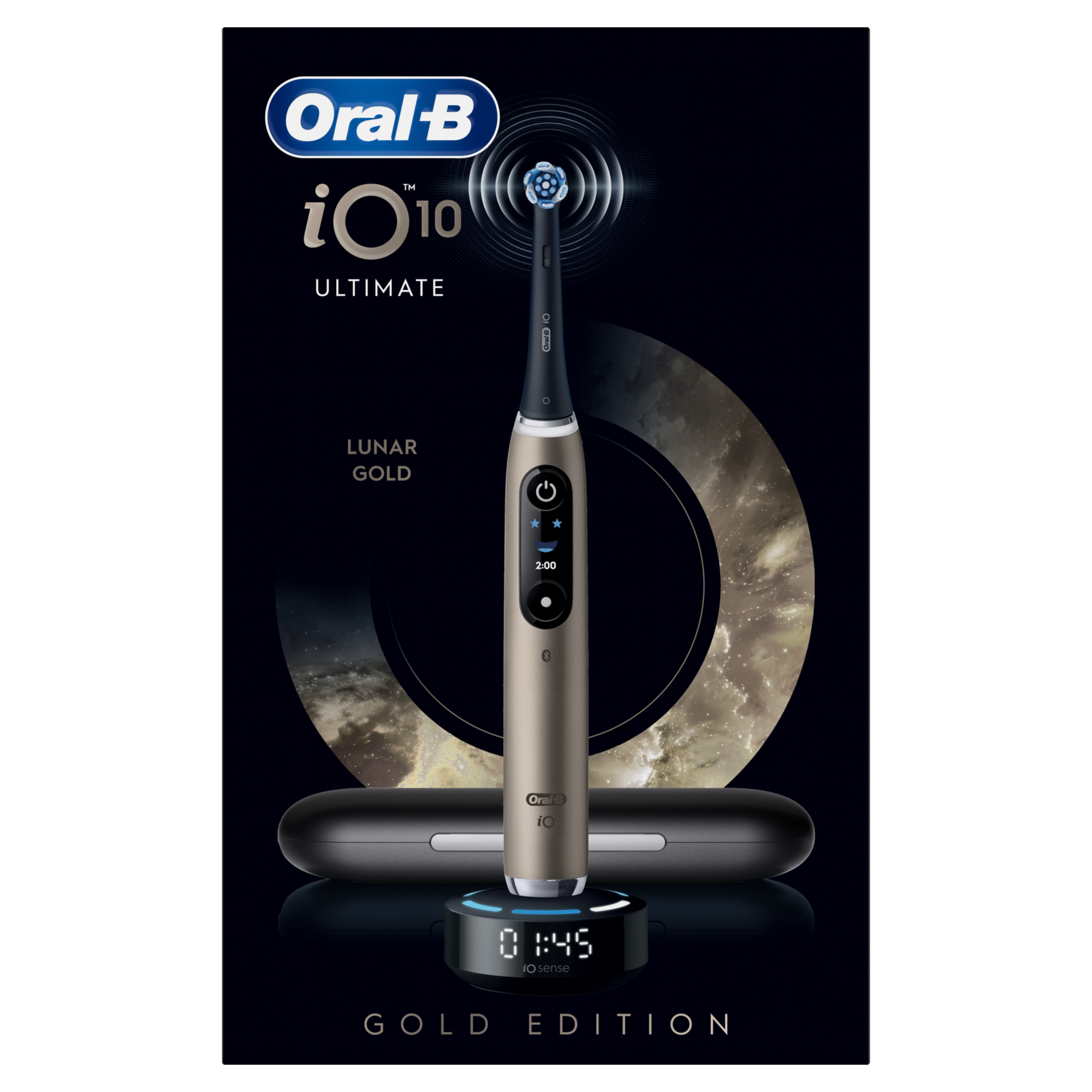 Oral-B iO10 elektromos fogkefe, Lunar Gold színben, töltőállomáson, fekete háttérrel és hold-szerű dizájnnal.