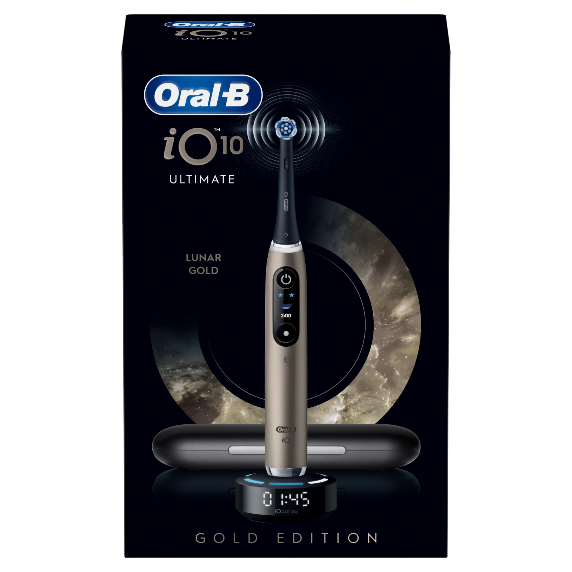 Egy Oral-B iO10 Ultimate fogkefe. Arany színű. A dobozban a fogkefe, a töltőtalp és a tok található.