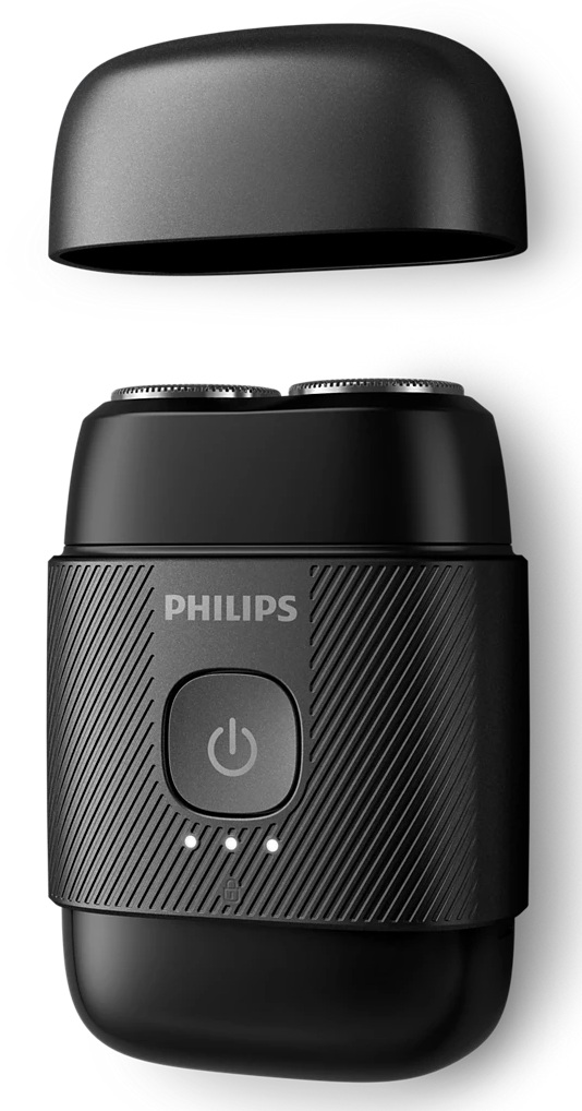 Czarna golarka elektryczna Philips z odłączoną nasadką. Posiada przycisk zasilania i trzy kontrolki. Golarka ma dwie głowice obrotowe.