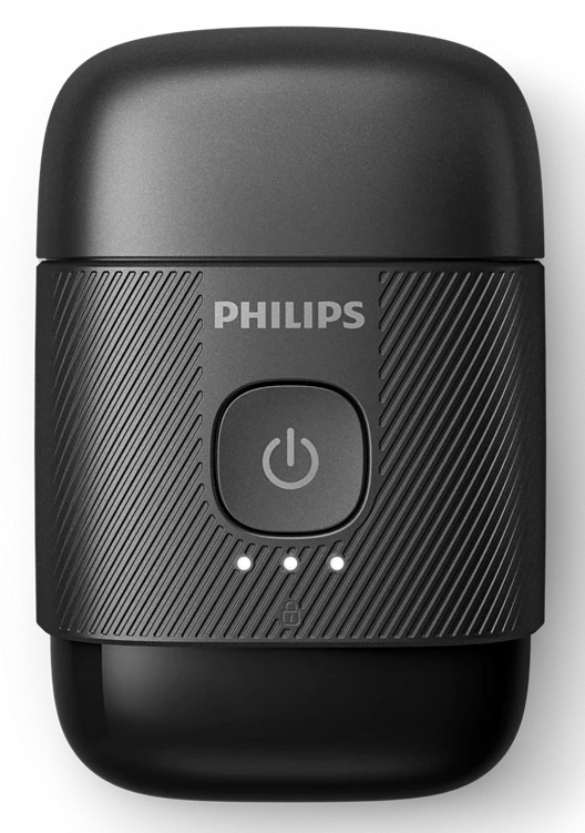 Czarna golarka Philips z przyciskiem zasilania, trzema lampkami kontrolnymi i nazwą marki. Design ma teksturowany uchwyt.