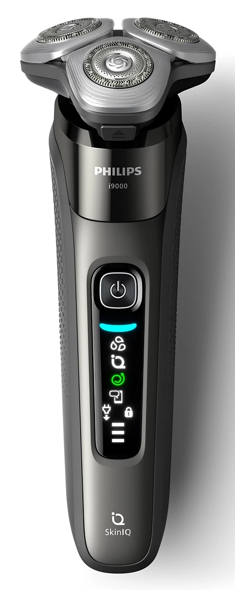 Czarno-szara golarka elektryczna Philips i9000. Posiada trzy głowice obrotowe i wyświetlacz cyfrowy.