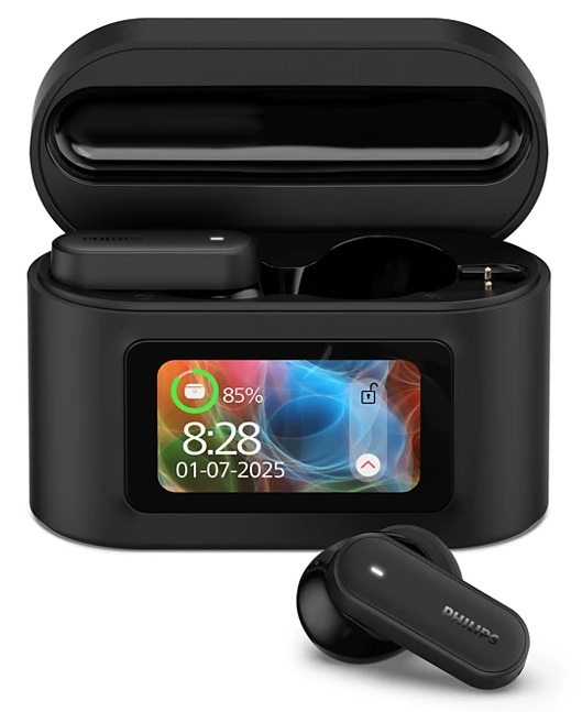 Czarne słuchawki Philips i etui ładujące. Etui wyświetla baterię, godzinę i datę. Jeden pączek na zewnątrz.