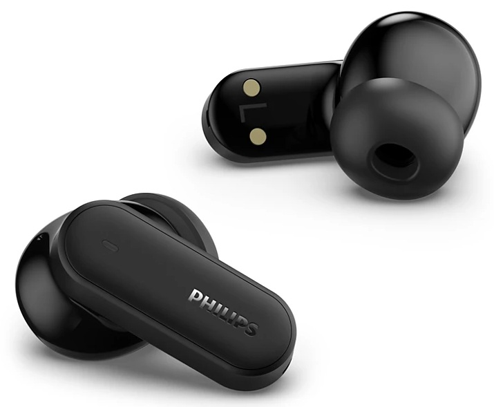 Pokazano dwie czarne bezprzewodowe słuchawki Philips. Na jednej słuchawce widnieje logo Philips. Na drugiej litera 'L' i dwie złote kropki.
