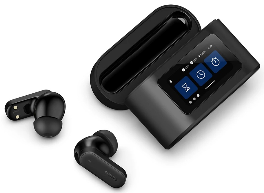 Czarne słuchawki Philips, etui ładujące i wyświetlacz. Wyświetlacz pokazuje baterię i czas. Białe tło.
