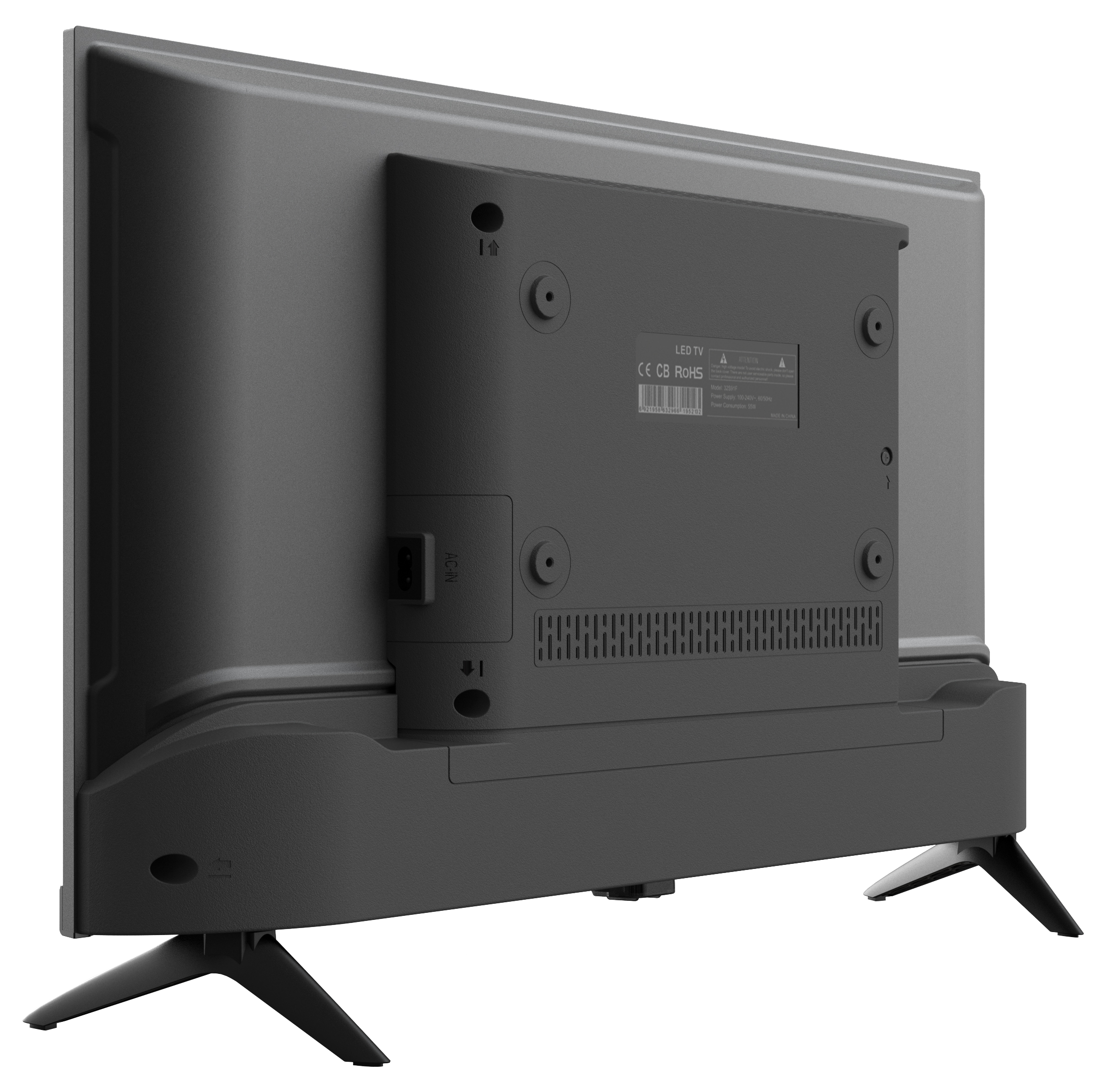 Pokazano tył czarnego telewizora LED. Ma różne porty, etykiety i stojak.