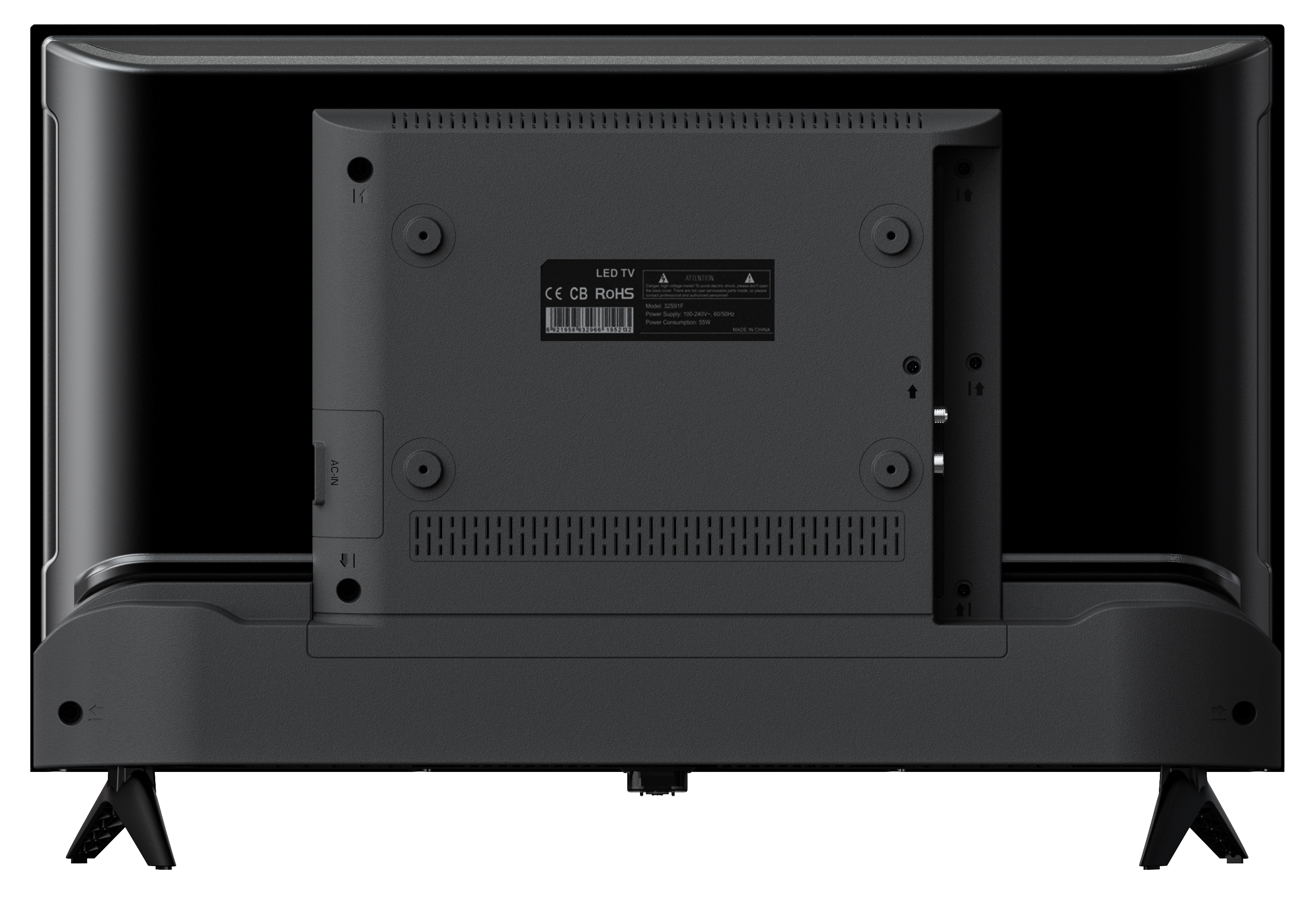Pokazano tył czarnego telewizora LED. Widoczne są porty, otwory wentylacyjne i etykieta ze specyfikacjami.