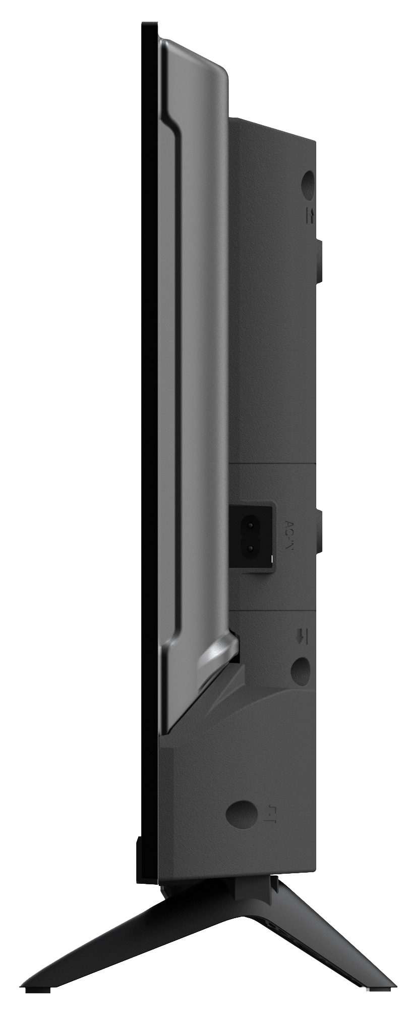 Widok z boku czarnego telewizora. Ekran jest po lewej stronie, stojak go podtrzymuje. Widoczne są porty zasilania.