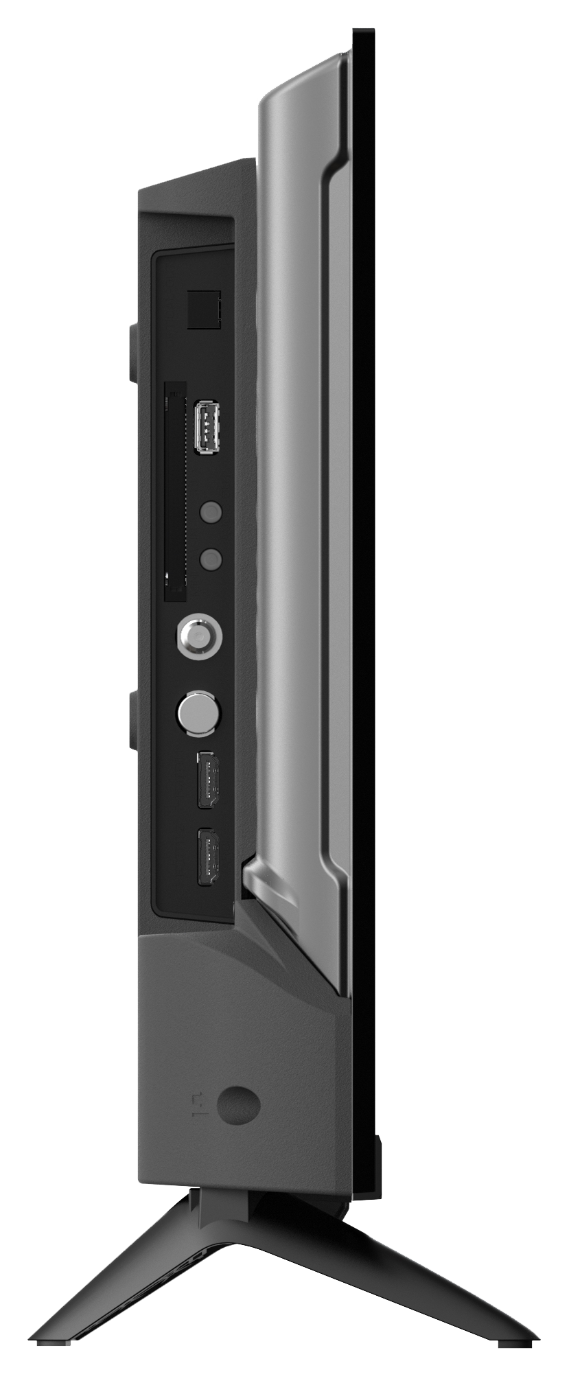 Widok z boku czarnego telewizora z portami i stojakiem. Ekran jest ciemny. Widoczne są różne porty.