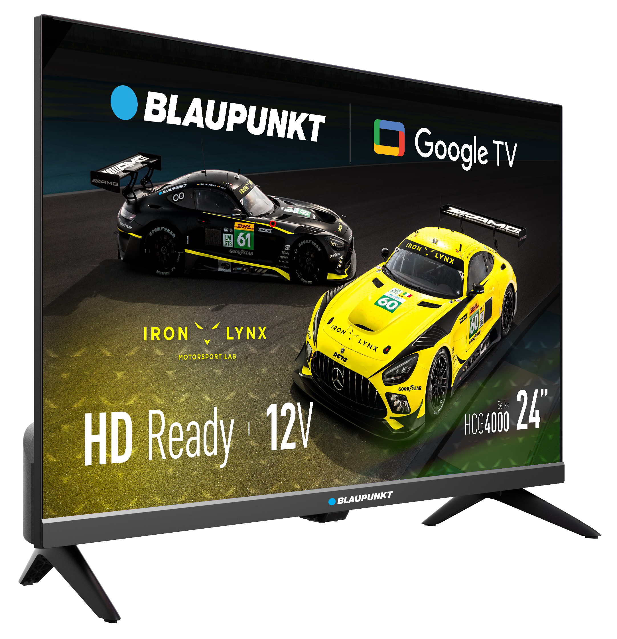 Telewizor Blaupunkt wyświetla dwa samochody wyścigowe. Jeden jest czarny, a drugi żółty. Telewizor jest oznaczony jako 'HD Ready 24"'.
