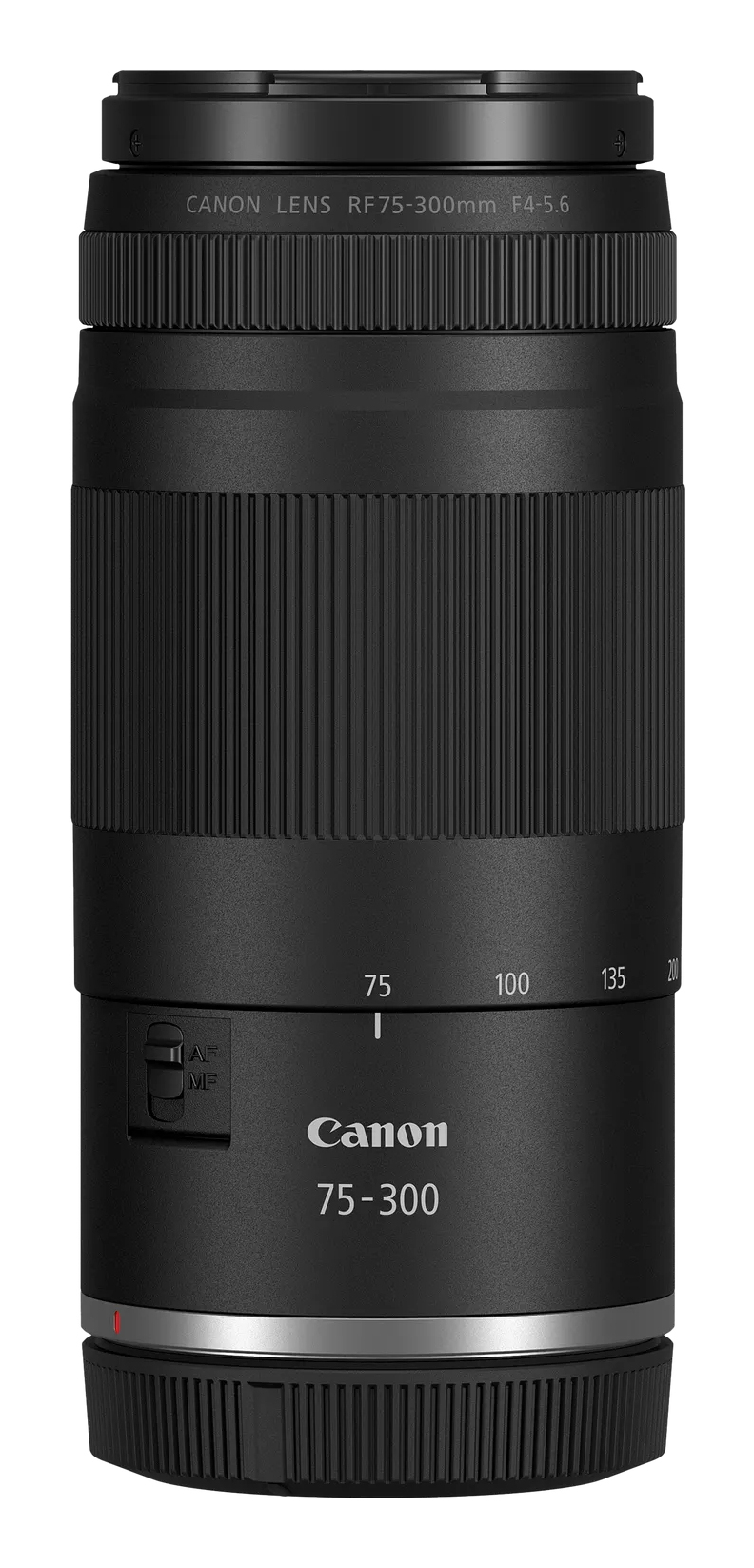 Ein schwarzes Canon RF 75-300mm Kameraobjektiv. Es hat einen geriffelten Griff, mit Zoomstufenmarkierungen und einem AF/MF-Schalter.