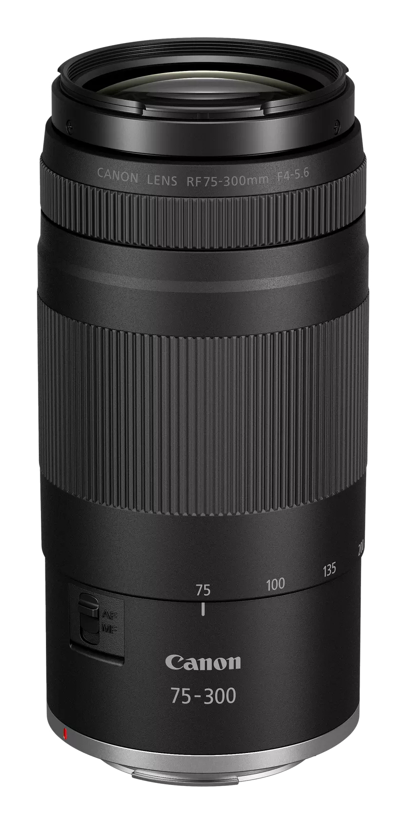 Ein schwarzes Canon RF 75-300mm Objektiv. Es hat einen geriffelten Griff, weiße Markierungen und einen silbernen Sockel.