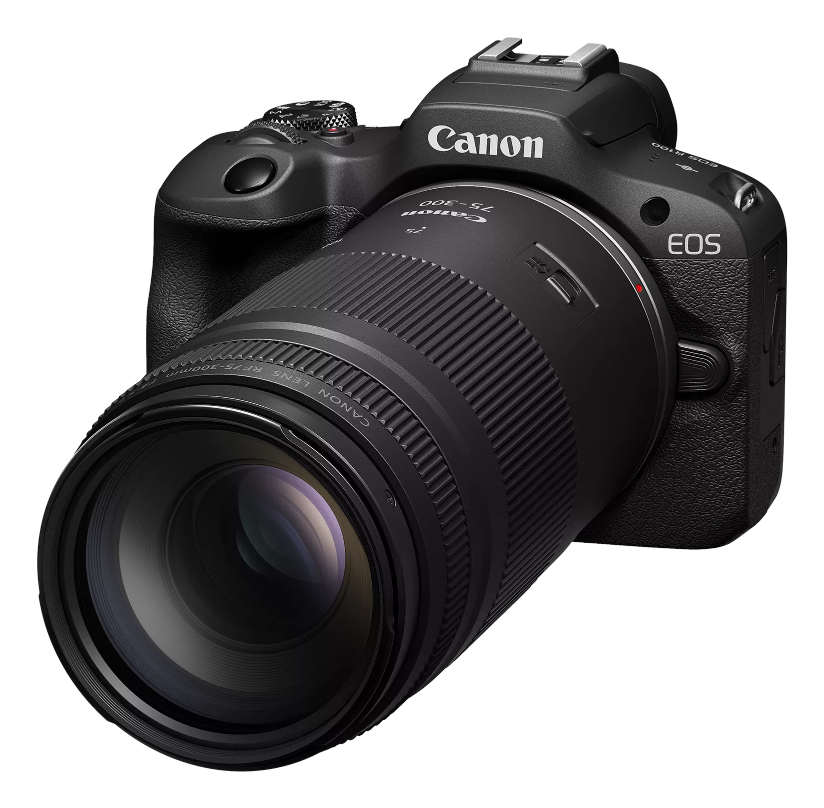 Schwarze Canon EOS R100 Kamera mit 75-300mm Objektiv. Das Objektiv ist fokussiert, Kamera leicht abgewinkelt.