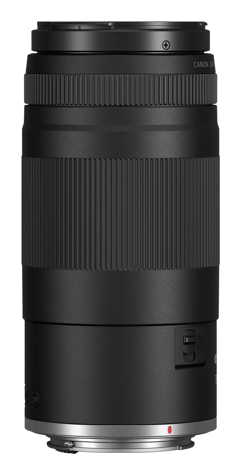 Ein schwarzes Canon-Objektiv. Es hat gerippte Abschnitte, einen AF/MF-Schalter und einen roten Punkt. Das Objektiv ist zylindrisch mit silbernen Akzenten.