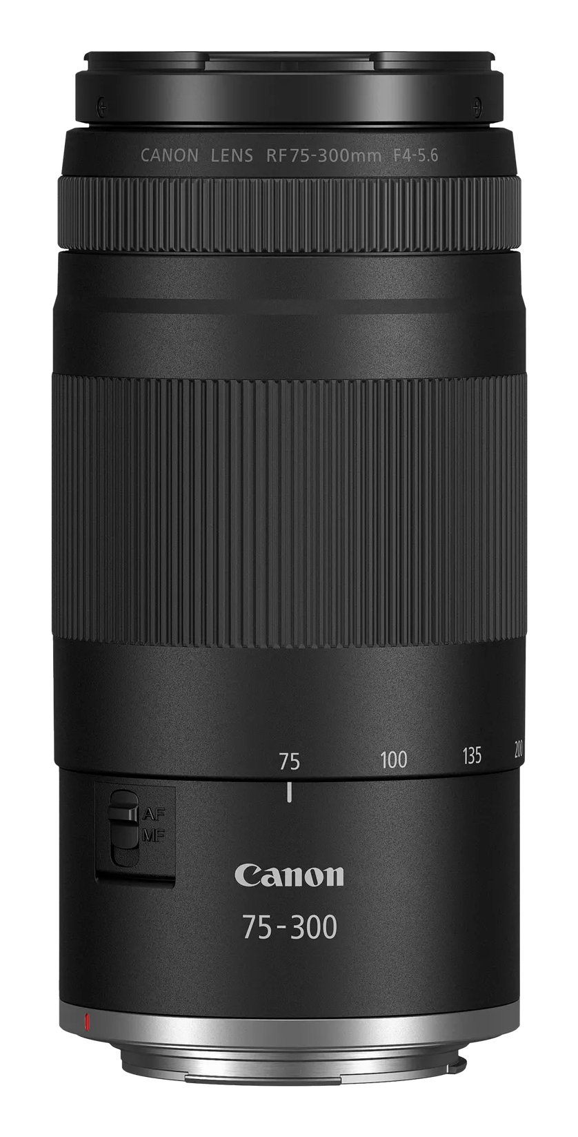 Ein Canon RF 75-300mm F4-5.6 Objektiv. Es ist schwarz mit weißen Markierungen. Das Objektiv hat einen geriffelten Griffbereich.