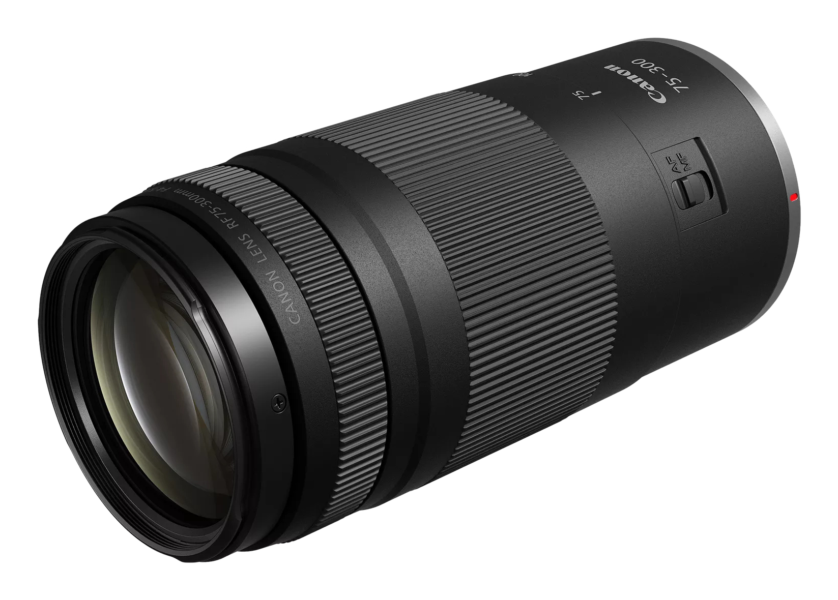 Ein schwarzes Canon RF 75-300mm Objektiv. Das Objektiv hat einen geriffelten Griff, mit Canon-Markenzeichen und Einstellungen.