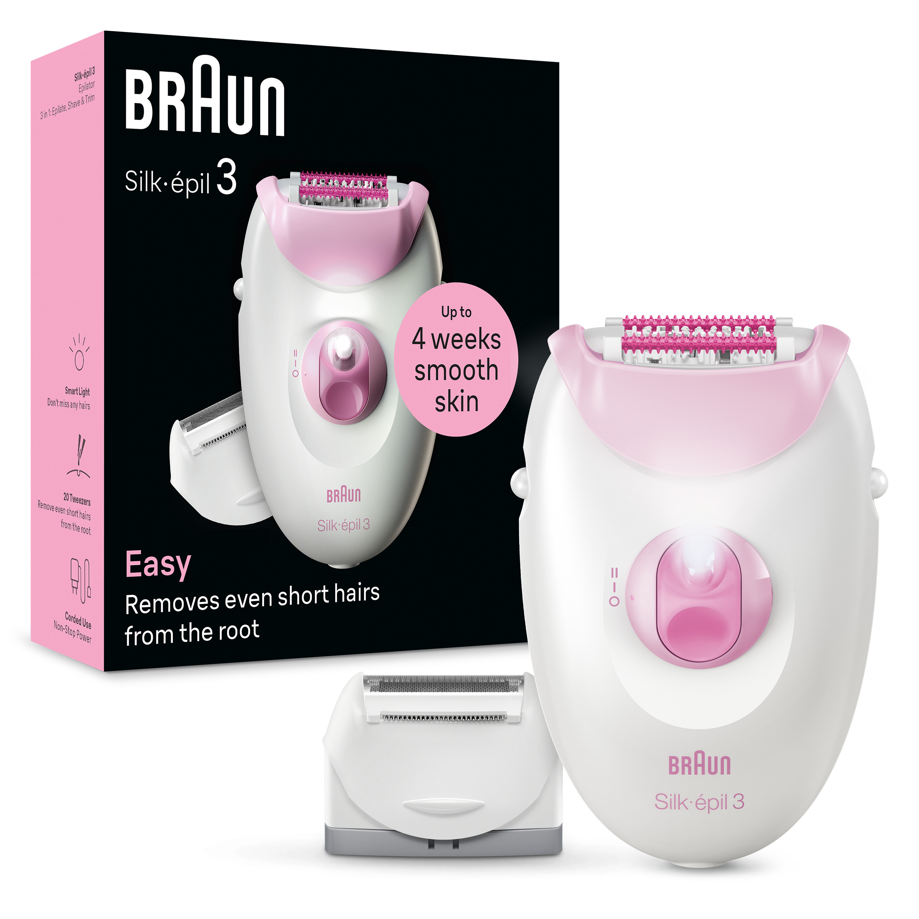 Görselde bir Braun Silk-épil 3 epilatör ve aksesuarları görülüyor. Kutu ve ürün beyaz ve pembe renklerde.