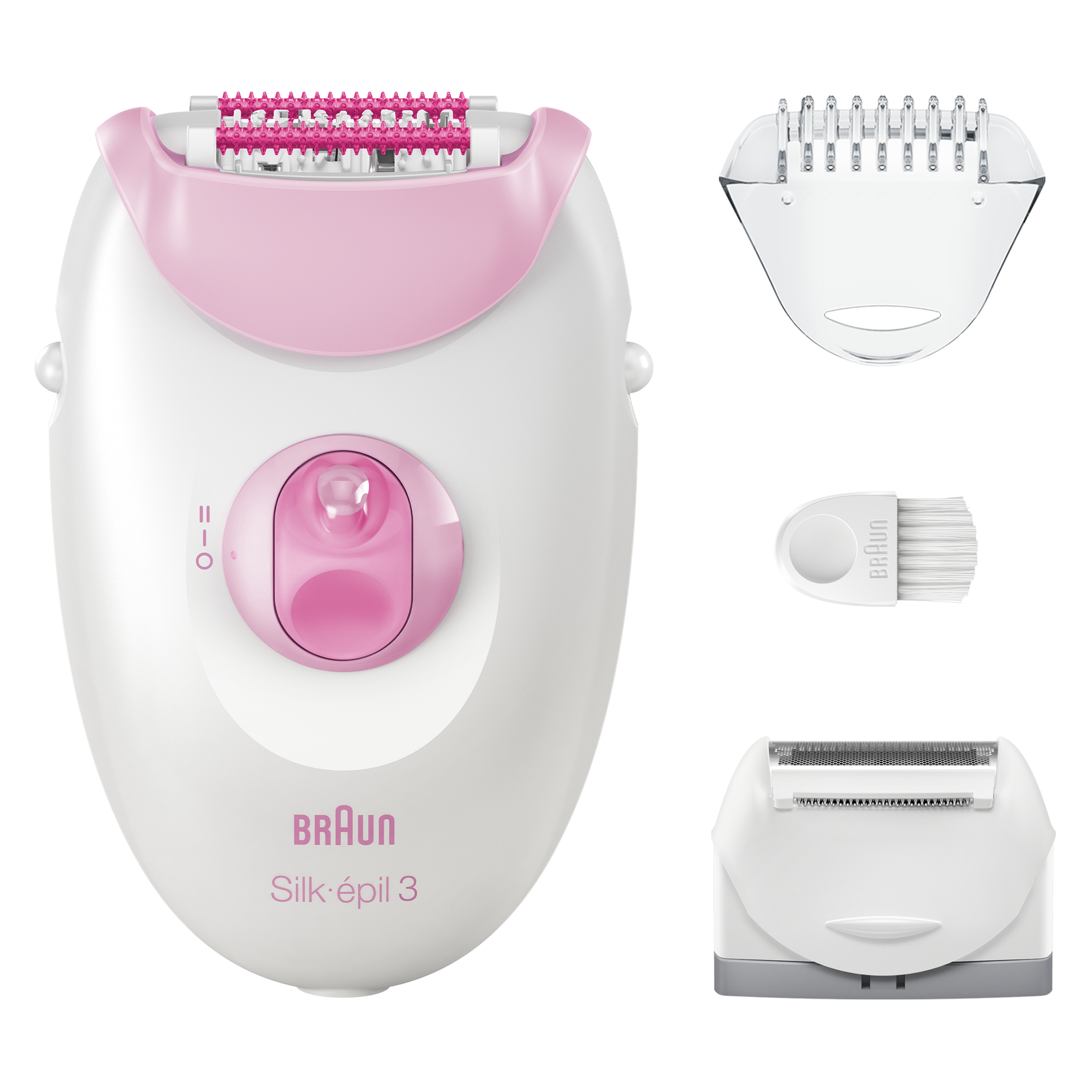Pembe detaylara ve beyaz zemin üzerine üç başlığa sahip bir elektrikli epilatör. Marka Braun Silk-épil 3.