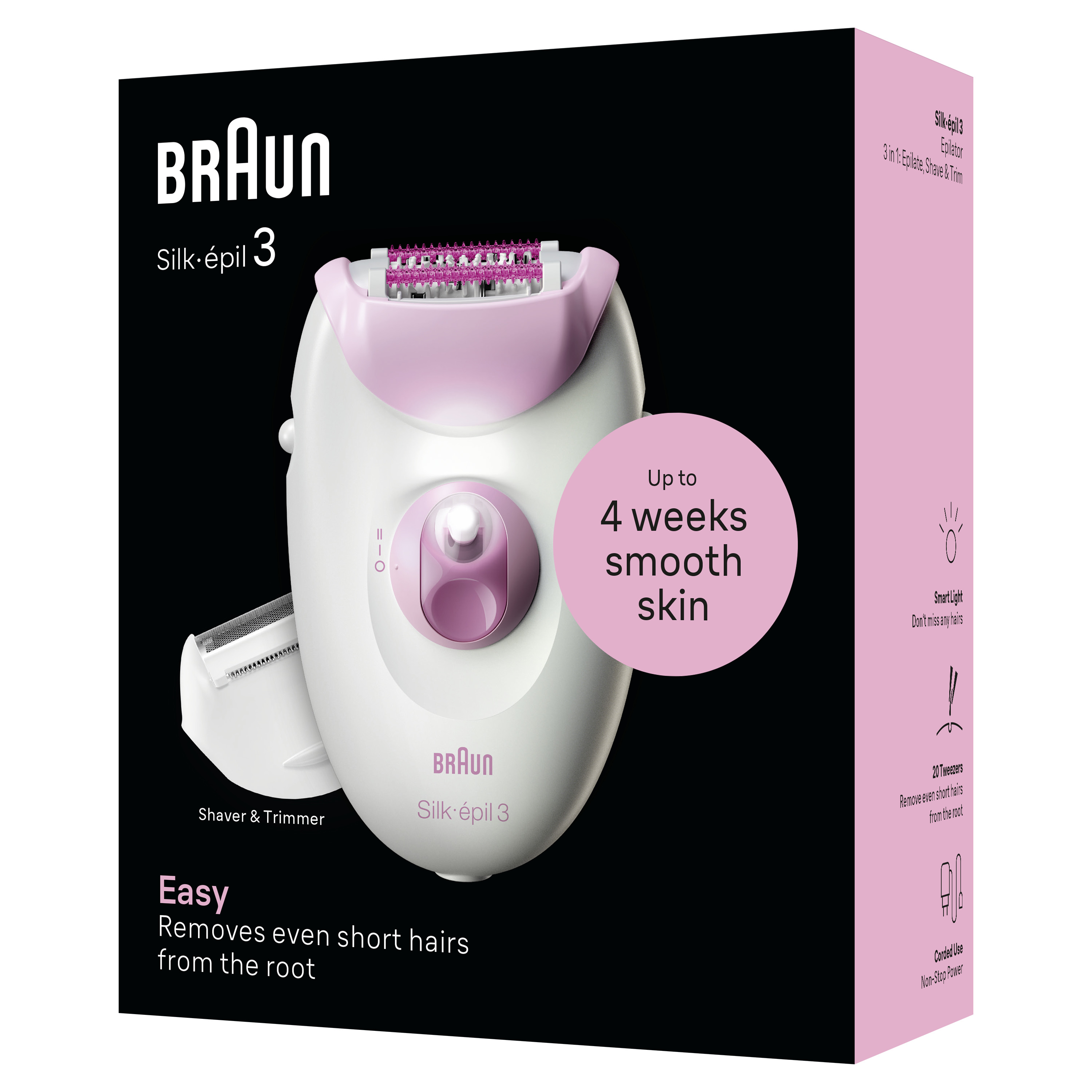 Görüntü, Braun Silk-épil 3 epilatörünü gösteriyor. Beyaz ve pembe renklerde, kutuda metin ve detaylar var.