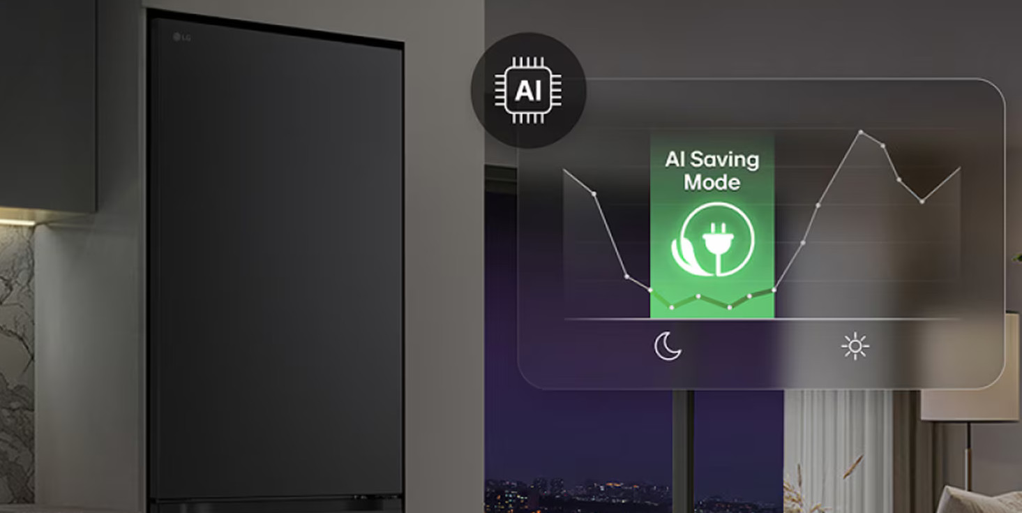 Czarna lodówka LG z wykresem trybu oszczędzania AI. Wyświetlacz pokazuje zużycie energii, z ikonami słońca i księżyca.