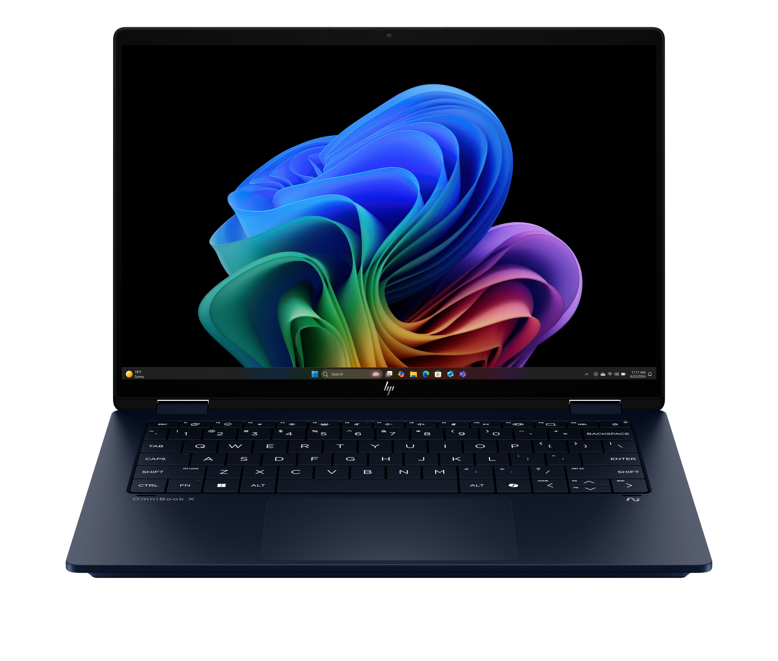 Niebieski laptop z kolorowym abstrakcyjnym obrazem na ekranie, widoczna klawiatura, czarne tło.