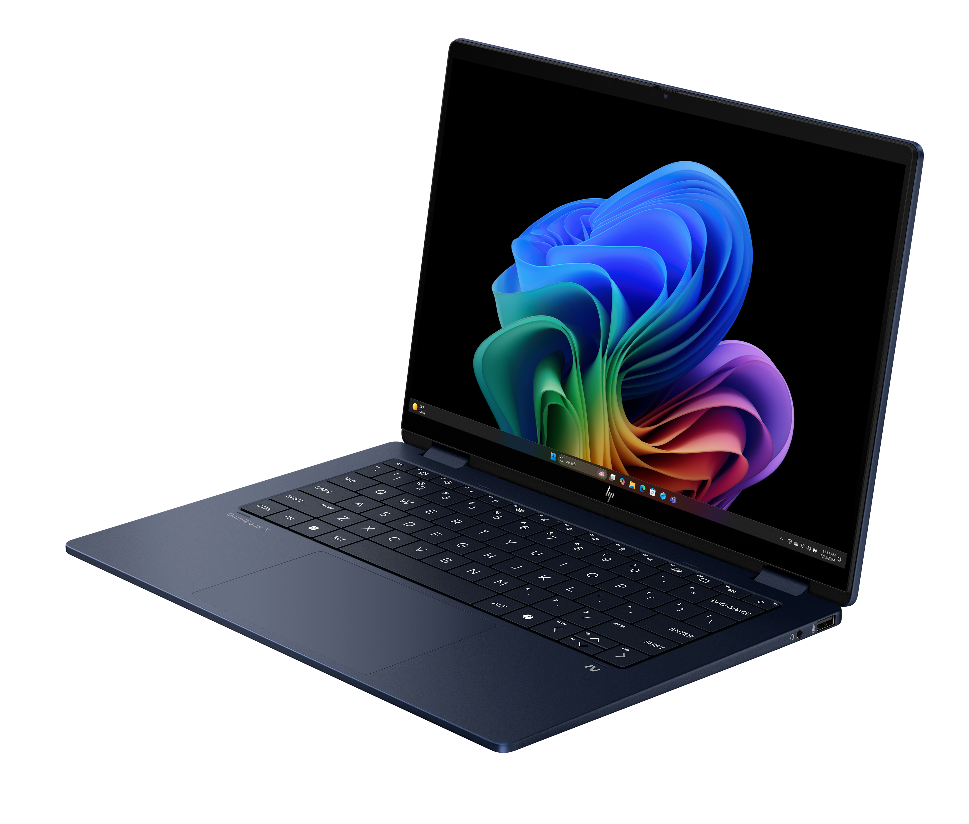 Ciemnoniebieski laptop jest otwarty, wyświetlając kolorowy abstrakcyjny obraz. Klawiatura jest widoczna.
