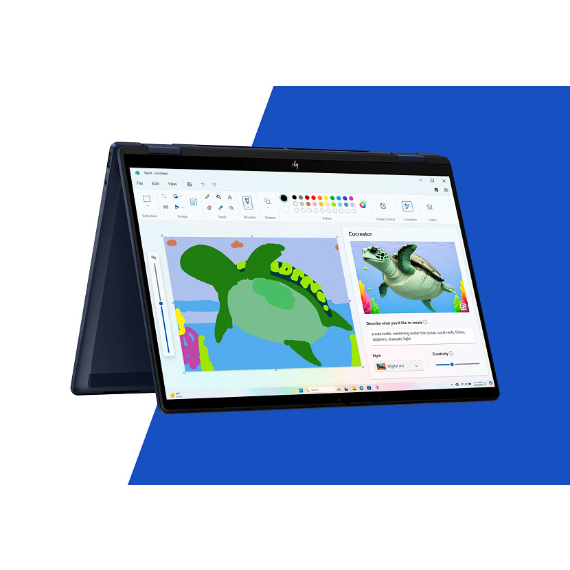 Laptop z rysunkiem żółwia na ekranie. Tło jest niebieskie. Ekran ma również rysunek żółwia.